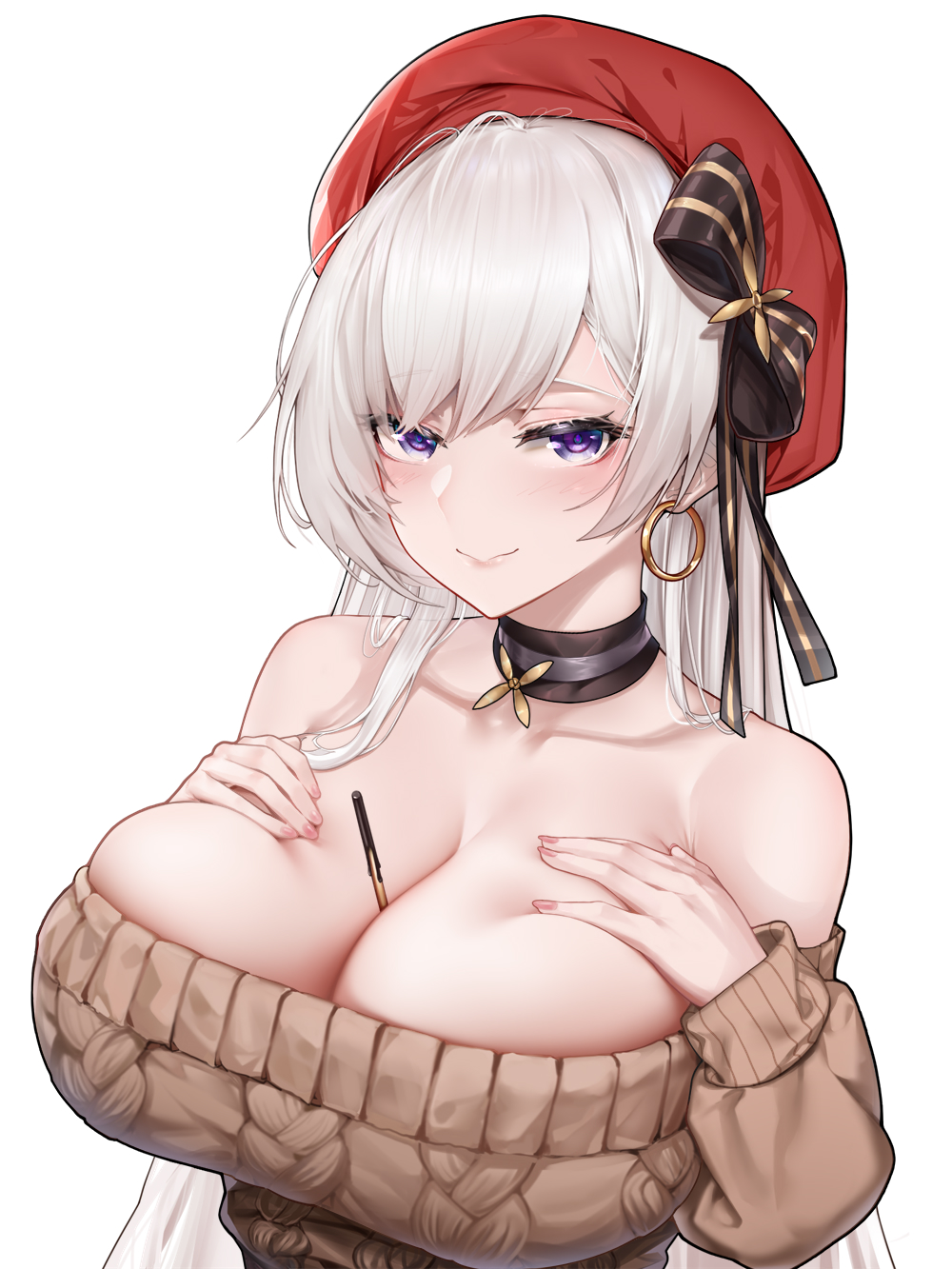 1girls azur_lane bangs bare_shoulders belfast_(azur_lane) belfast_(shopping_with_the_head_maid)_(azur_lane) between_breasts big_breasts blush breasts brown_sweater choker cleavage closed_mouth collarbone earrings female female_only food food_between_breasts hands_on_own_chest hbb highres hoop_earrings huge_breasts jewelry large_breasts long_hair looking_at_viewer nail_polish off-shoulder_sweater off_shoulder pocky purple_eyes red_headwear silver_hair simple_background smile solo solo_female sweater very_long_hair white_background white_hair