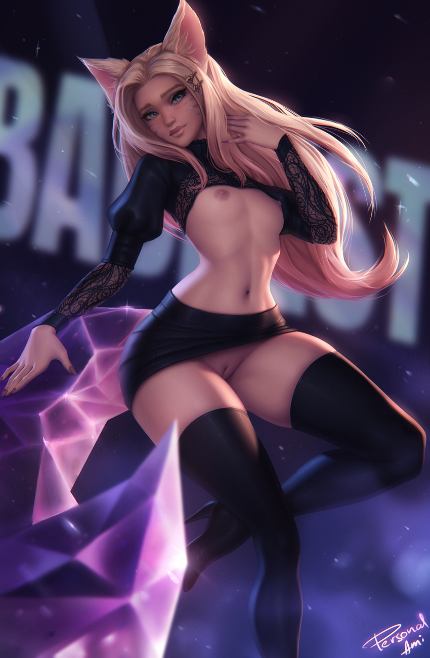 1girls, ahri, alternate costume, areolae, bottomless skirt, breasts, female, female only, k/da ahri, k/da series, league of legends, nipples, no panties, no panties under skirt, nude, personalami, pussy, small breasts, solo, uncensored