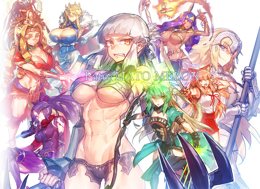 abs angry animal_ears artoria_pendragon_(lancer) atalanta_(fate) blonde_hair bow cat_ears catgirl cleavage dark_hair fate/apocrypha fate/grand_order fate_(series) fox_ears fox_girl green_hair hair_ornament huge_breasts jeanne_d'arc_(fate) katou_danzou_(fate) kunoichi large_breasts looking_at_viewer mature_female melon22 midriff muscular muscular_female muscular_thighs nitocris_(fate) nitocris_(fate/grand_order) orange_hair penthesilea_(fate/grand_order) ponytail purple_hair quetzalcoatl_(fate) silver_hair suzuka_gozen_(fate) sword thick_thighs weapon