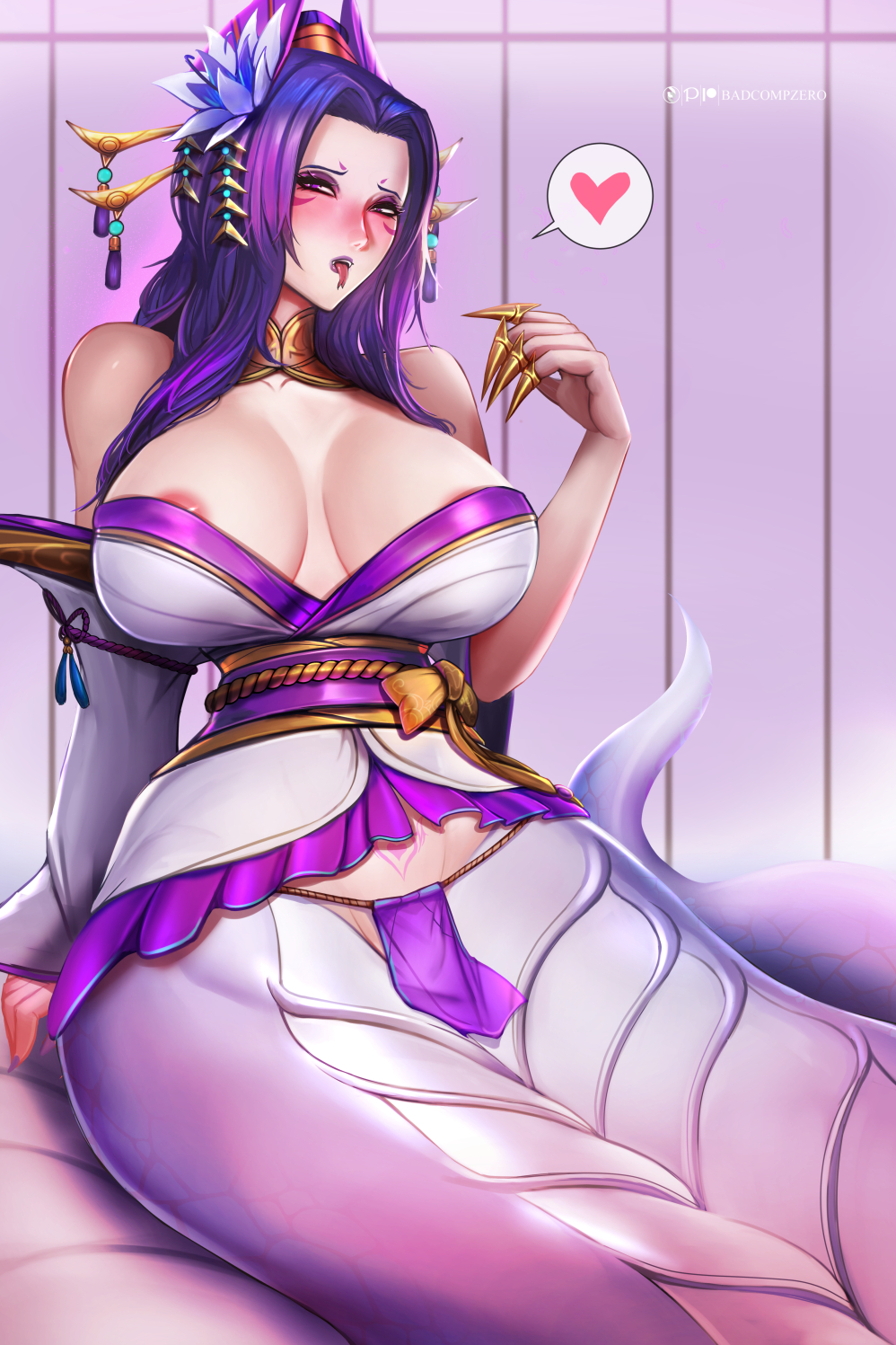 1girls, alternate costume, badcompzero, big breasts, breasts, cassiopeia du couteau, female, female only, lamia, large breasts, league of legends, looking at viewer, naga, solo, spirit blossom cassiopeia, spirit blossom series, thick thighs, wide hips
