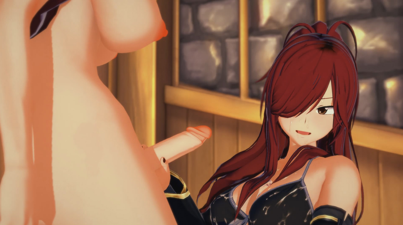 2girls, breasts, clothed female nude futa, cum on body, erza scarlet, faceless futa, fairy tail, female, futa on female, futanari, handjob, human, human only, intersex, irene belserion, large breasts, mother and child, mother and daughter, nipples, older futa, parent and child, parent and daughter, penis, red hair, red-haired female, younger female