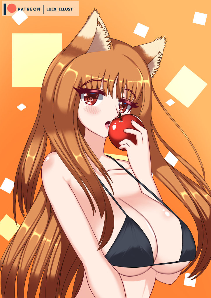 alternate_breast_size apple big_breasts bikini bikini_top breast breasts brown_hair cleavage eating holo horo huge_breasts huge_breasts kemono long_hair luex nipples red_eyes shiny_skin spice_and_wolf swimsuit tagme