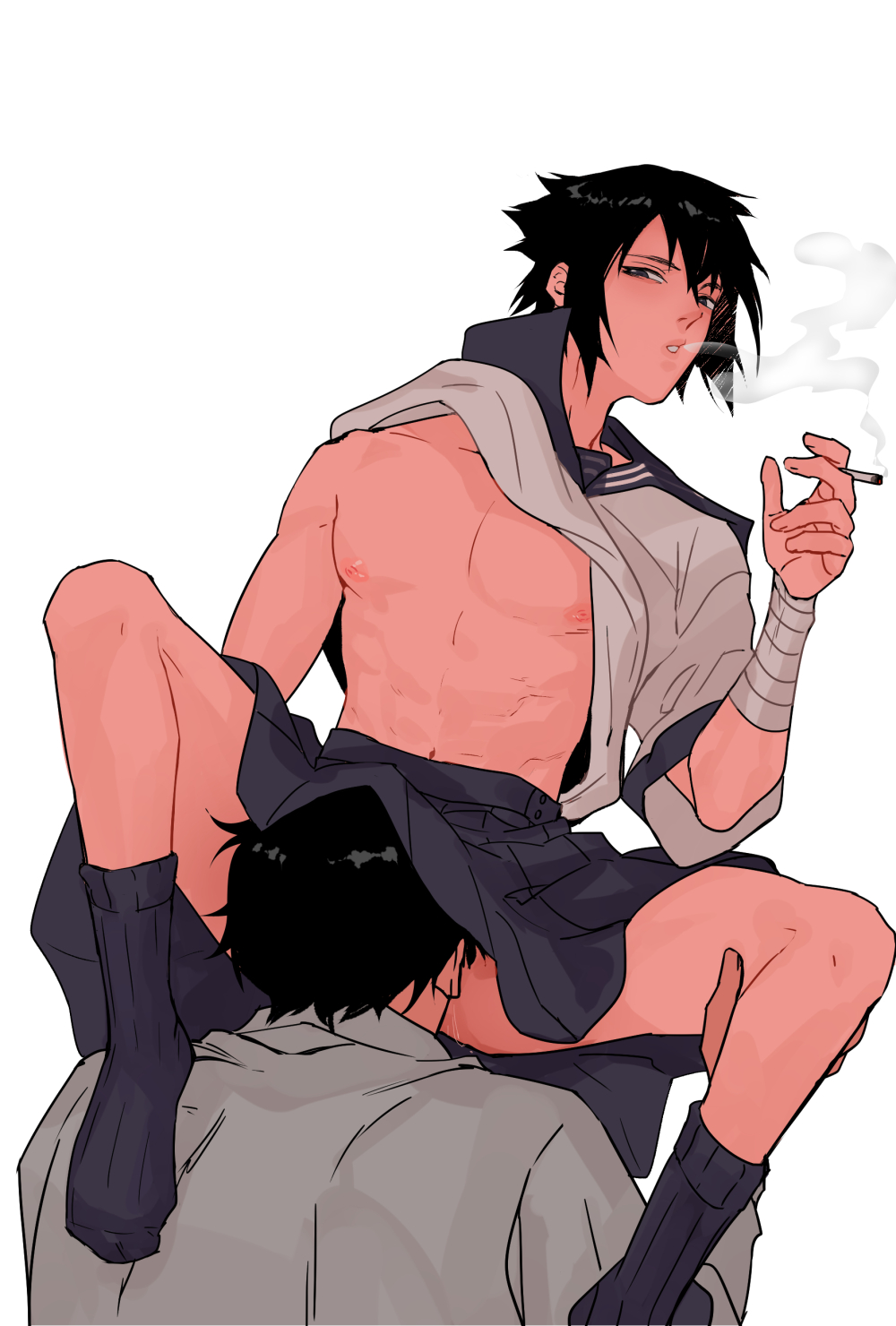 2boys abs black_hair blouse_partially_removed blowing_smoke cigarette cock_gobble cock_hungry crossdressing cum_hungry erect_nipples exposed_nipples fellatio fellatio_in_skirt femboy gay giving_head going_down_on human human_only knob_polishing legs_held_open looking_at_viewer male male/male male_on_male male_only multiple_boys naruto naruto_shippuden no_visible_genitalia oral oral_sex pecs playing_skinflute saliva_drip sasuke_uchiha school_uniform shirt_up skirt sks smoking socks spread_legs sucking_off tagme uchiha_shisui uncensored white_background yaoi