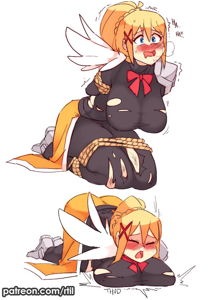 all fours, arms behind back, big breasts, blonde hair, blue eyes, blush, bodysuit, bondage, breast press, breasts, closed eyes, clothing, darkness (konosuba), drooling, excited, female, female only, femsub, hair ornament, happy sub, kneeling, kono subarashii sekai ni shukufuku wo!, ponytail, ribbon, rtil, solo, solo female, steamy breath, tied, torn bodysuit, torn clothes, trembling, white background