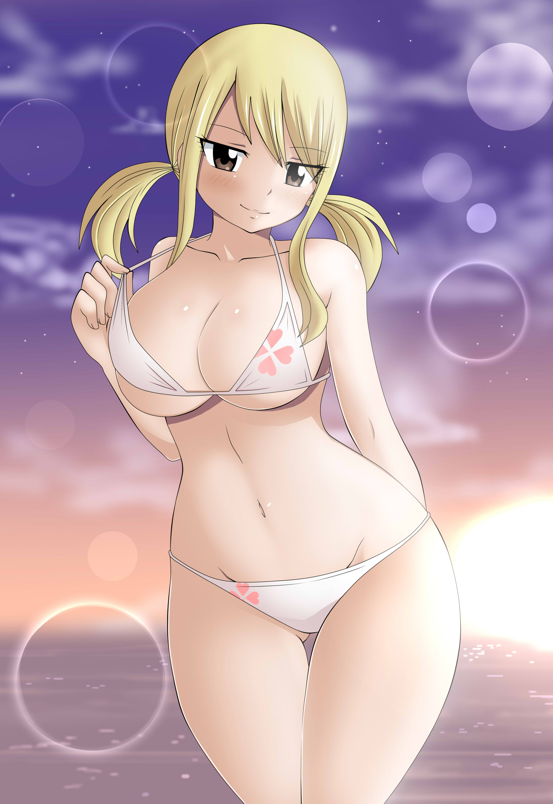 1girls, big breasts, bikini, bikini bottom, blonde hair, blonde-haired female, breasts, clothed female, dmayaichi, fairy tail, female, female focus, female only, linea alba, long hair, lucy heartfilia, solo, solo female, solo focus, white bikini