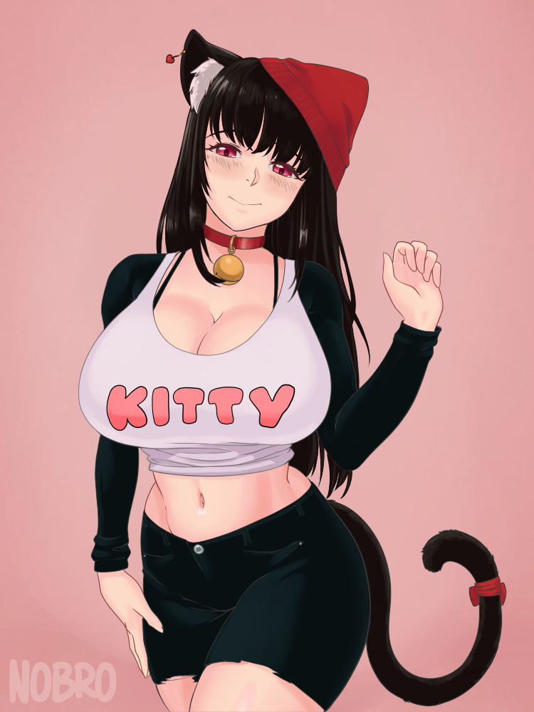 1girls big_breasts black_hair blush breasts cat_ears cat_tail catgirl cleavage clothed clothing collar female female_only fully_clothed huge_breasts humanoid kemonomimi large_breasts long_hair looking_at_viewer navel nobro pale_skin shorts smile solo