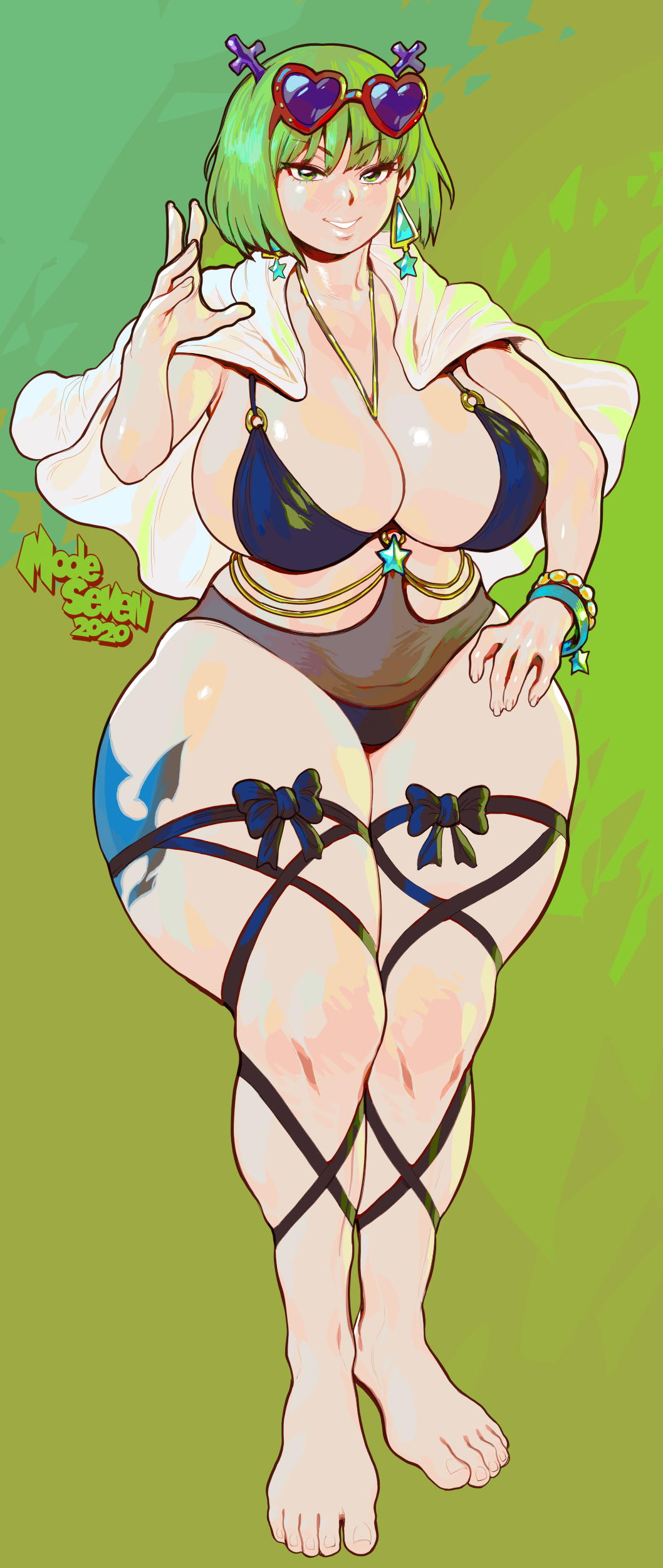 1girls, big breasts, brandish mew, breasts, cleavage, earrings, fairy tail, female, female only, full body, green eyes, green hair, large breasts, modeseven, solo, thick thighs, wide hips