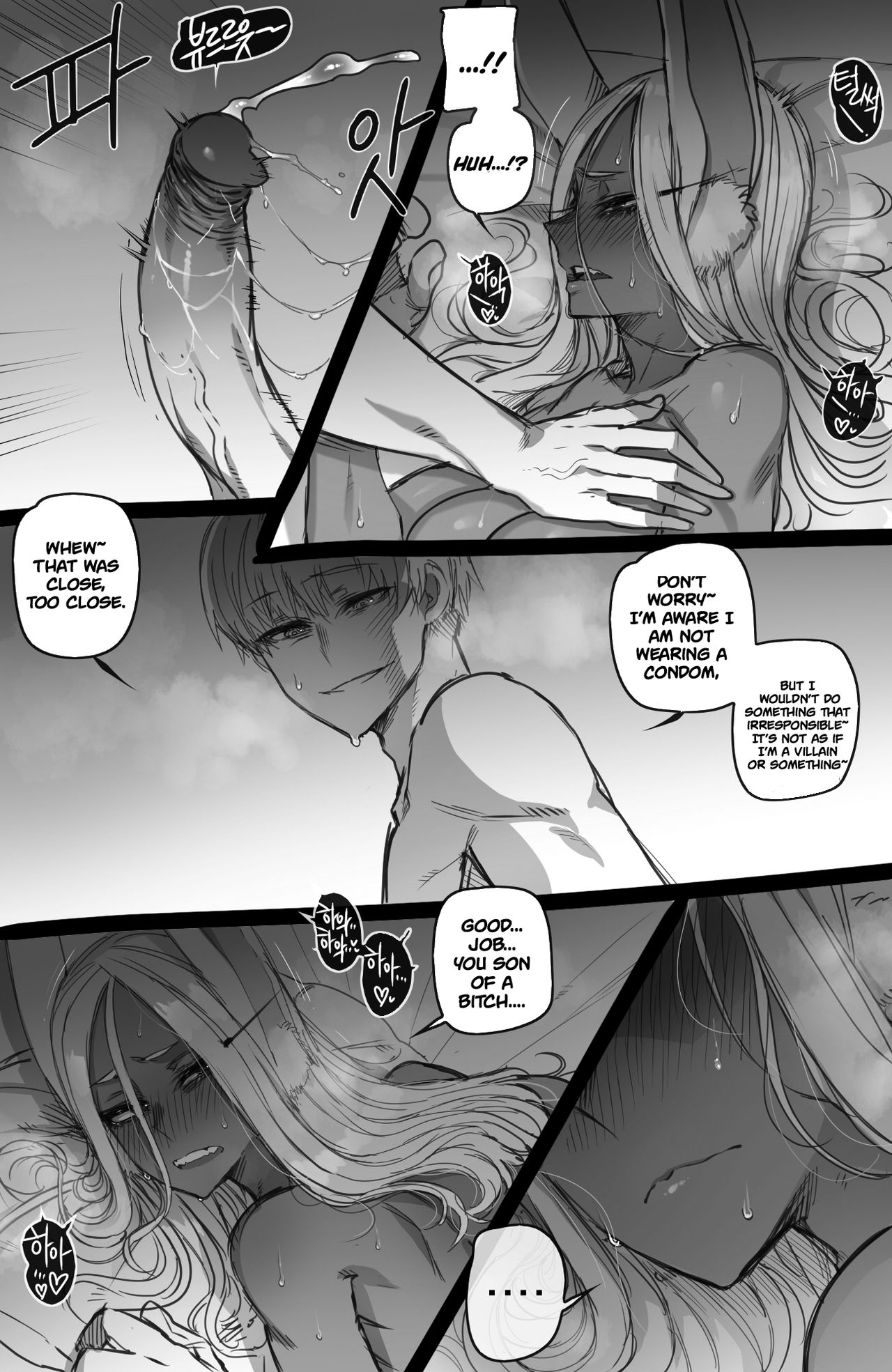 1boy, 1girls, after sex, animal ears, animal tail, big breasts, big penis, blush, breasts, bunny ears, bunny tail, comic, cum, cum outside, cumshot, dark skin, dark-skinned female, english, english text, female, interracial, large breasts, long hair, looking to the side, male, miruko, monochrome, my hero academia, nude, nude female, penis, ratatatat74, rumi usagiyama, secretly loves it, smile, straight, sweat, text, white hair