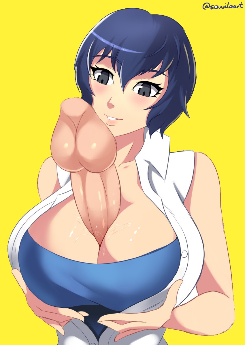 1boy 1boy1girl 1girls backsack between_breasts big_balls big_breasts big_penis blue_hair breast_grab breasts cleavage clothed clothed_female disembodied_penis edit erection female female_focus grey_eyes holding huge_cock inverted_paizuri male outercourse paizuri paizuri_under_clothes pale-skinned_female pale-skinned_male pale_skin persona persona_4 photo reverse_paizuri shirogane_naoto short_hair signature simple_background sowilo straight testicles tumblr watermark wet