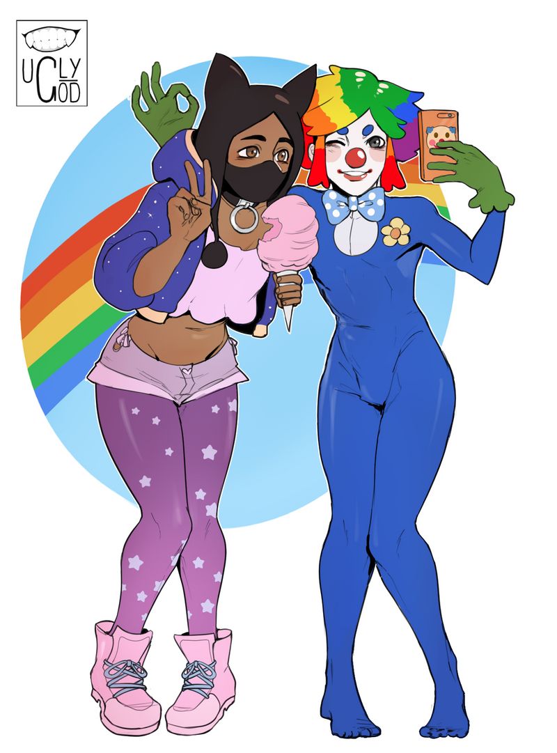 0chin 2019 2boys bodysuit bowtie bulge candy clown clown_boy cotton_candy dark-skinned_femboy dark-skinned_male dark_skin docfriend femboy flower girly honkler makeup male male_only mask midriff navel ok_sign pantyhose phone rainbow selfie shoes short_shorts simple_background v_sign wig wink