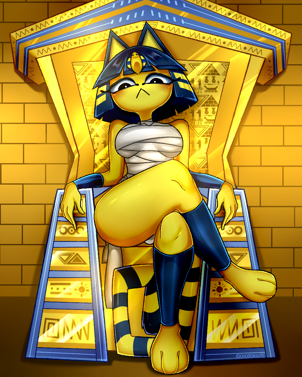 2020 alternate_body_type alternate_breast_size animal_crossing ankha anthro ass breasts crossing_legs egypt egyptian exhorsecat fanart feline female female_only full_body hip humanoid_hands legs_crossed looking_at_viewer nintendo pharaoh queen self_upload smug_face thick_thighs thighs tired tired_eyes