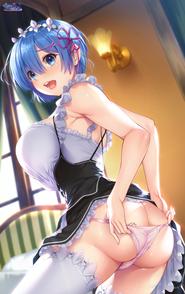 ass, blue eyes, blue hair, blush, breasts, female, large breasts, maid, open mouth, panties, panty pull, re:zero kara hajimeru isekai seikatsu, rem (re:zero), short hair, thighhighs