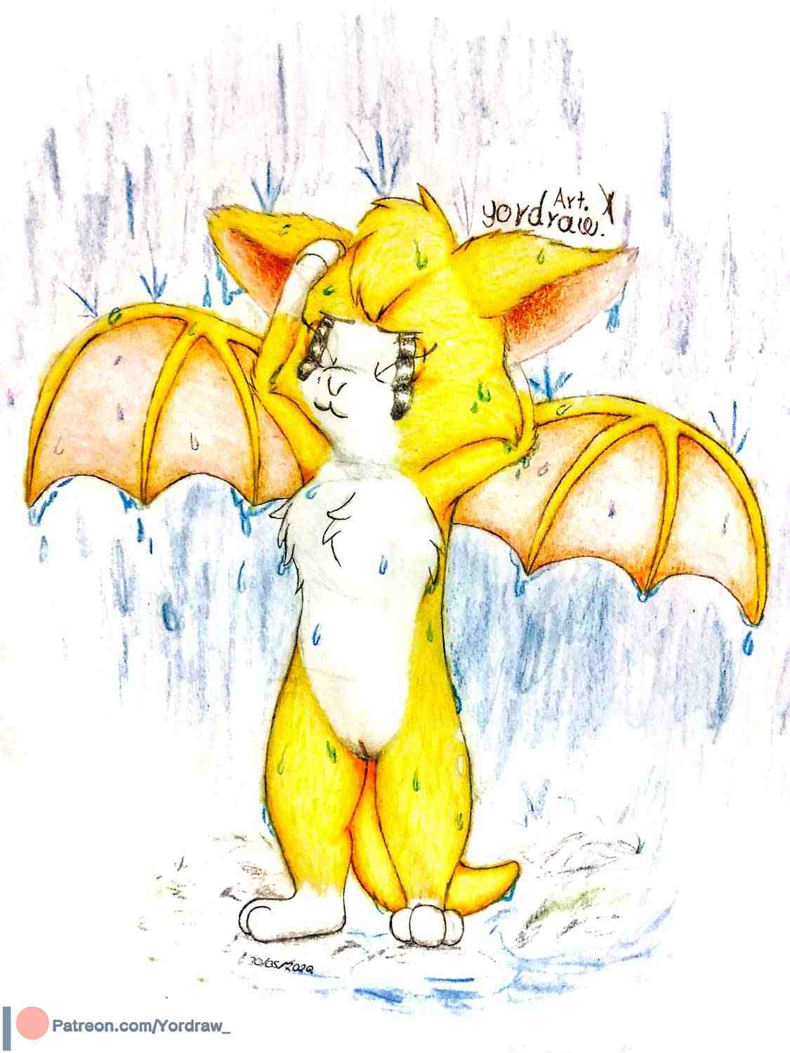 2020 3:4 anthro bat_wings chest_tuft chiropteran closed_eyes dated dust:_an_elysian_tail felid feline female fidget fur genitals hi_res mammal membrane_(anatomy) membranous_wings nimbat nude patreon pussy signature solo standing tuft video_games water wet wings yellow_body yellow_fur yordraw