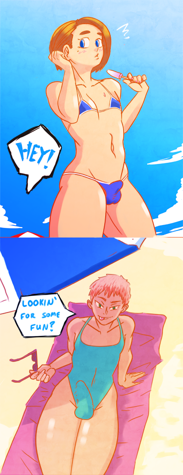 2boys 4hbdc bathing_suit beach bikini crossdressing femboy male_only penis_under_clothes text