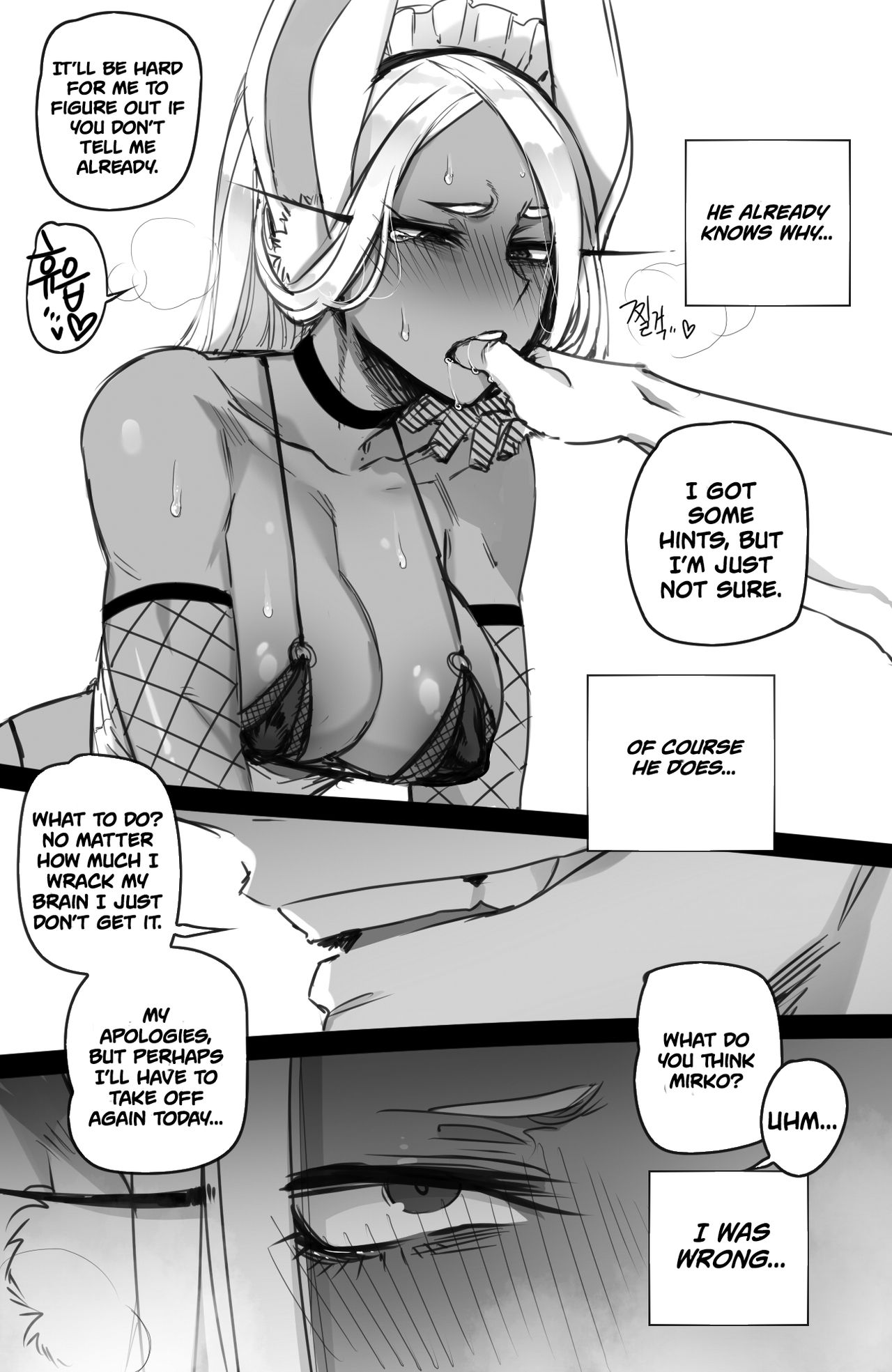 1boy, 1girls, animal ears, animal tail, big breasts, blush, breasts, bunny ears, bunny tail, comic, dark skin, dark-skinned female, elbow gloves, english text, erect nipple, erect nipples under clothes, female, finger in mouth, finger to mouth, fishnets, light skin, light-skinned male, long hair, maid headdress, maid outfit, maid uniform, male, miruko, monochrome, my hero academia, pale skin, pale-skinned male, ratatatat74, rumi usagiyama, straight, text, white body, white hair, white skin