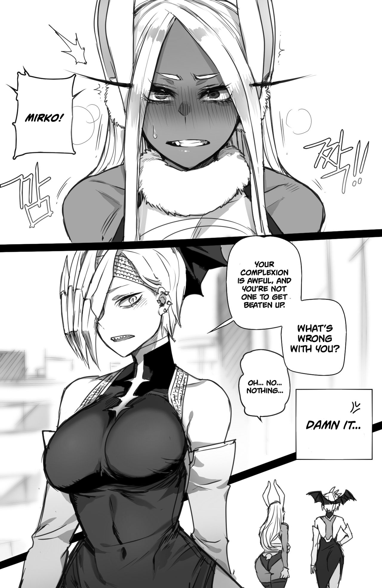 animal ears, animal tail, big breasts, blush, breasts, bunny ears, bunny tail, dark skin, dark-skinned female, female, long hair, miruko, monochrome, my hero academia, nervous, one eye covered, ratatatat74, rumi usagiyama, ryuukyuu, short hair, tatsuma ryuuko, usagiyama rumi, white hair