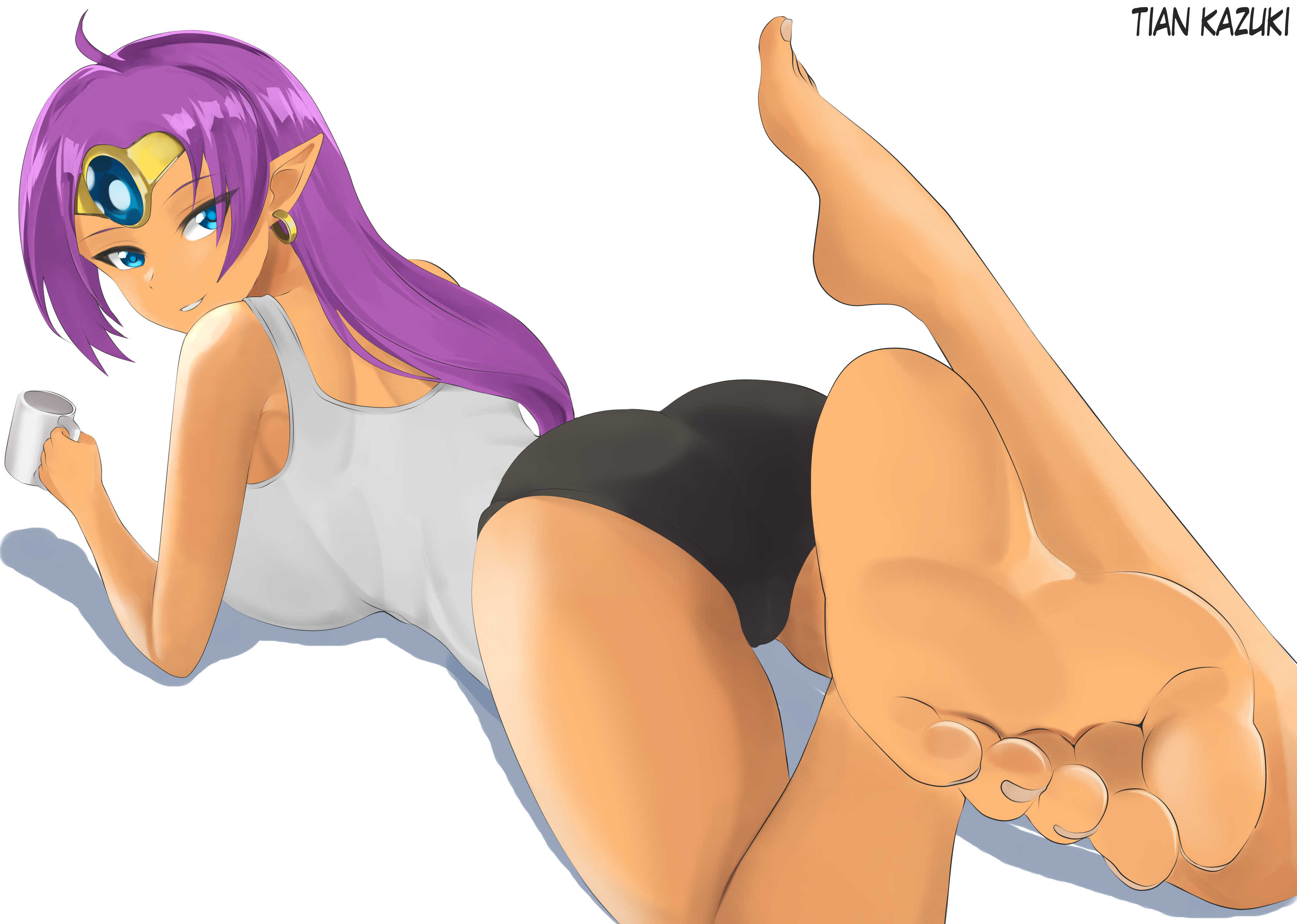 1girls, ass, back, bare legs, barefoot, blue eyes, breasts, brown skin, cameltoe, coffee, cup, dark skin, dark-skinned female, earrings, feet, feet up, female, from behind, hair down, highres, hoop earrings, jewelry, legs, looking at viewer, looking back, lying, on stomach, purple hair, pussy, shantae, shantae (character), shorts, smile, smooth skin, soles, solo, tan skin, tank top, thighs, tian kazuki, tiara, toes