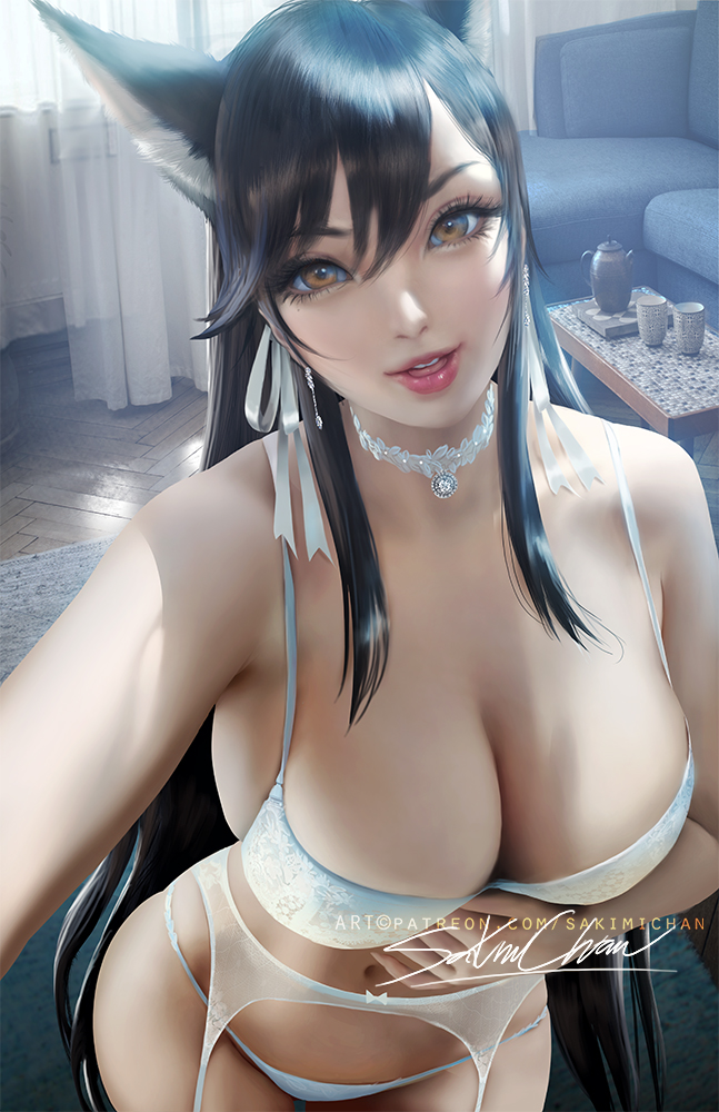 1girls, atago (azur lane), azur lane, big breasts, bra, breasts, cleavage, female, female only, garter belt, large breasts, looking at viewer, panties, sakimichan, solo, thick thighs, thighhighs, wide hips