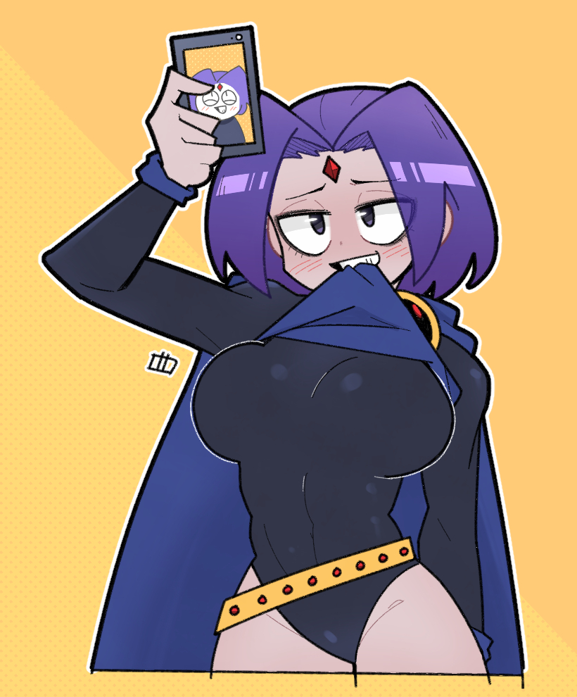 1girls big_breasts dc dc_comics female female_only forehead_jewel fully_clothed grey_skin malmijal_hyang marumi_scent purple_eyes purple_hair rachel_roth raven_(dc) selfie short_hair solo superheroine teen_titans tight_clothing wide_hips