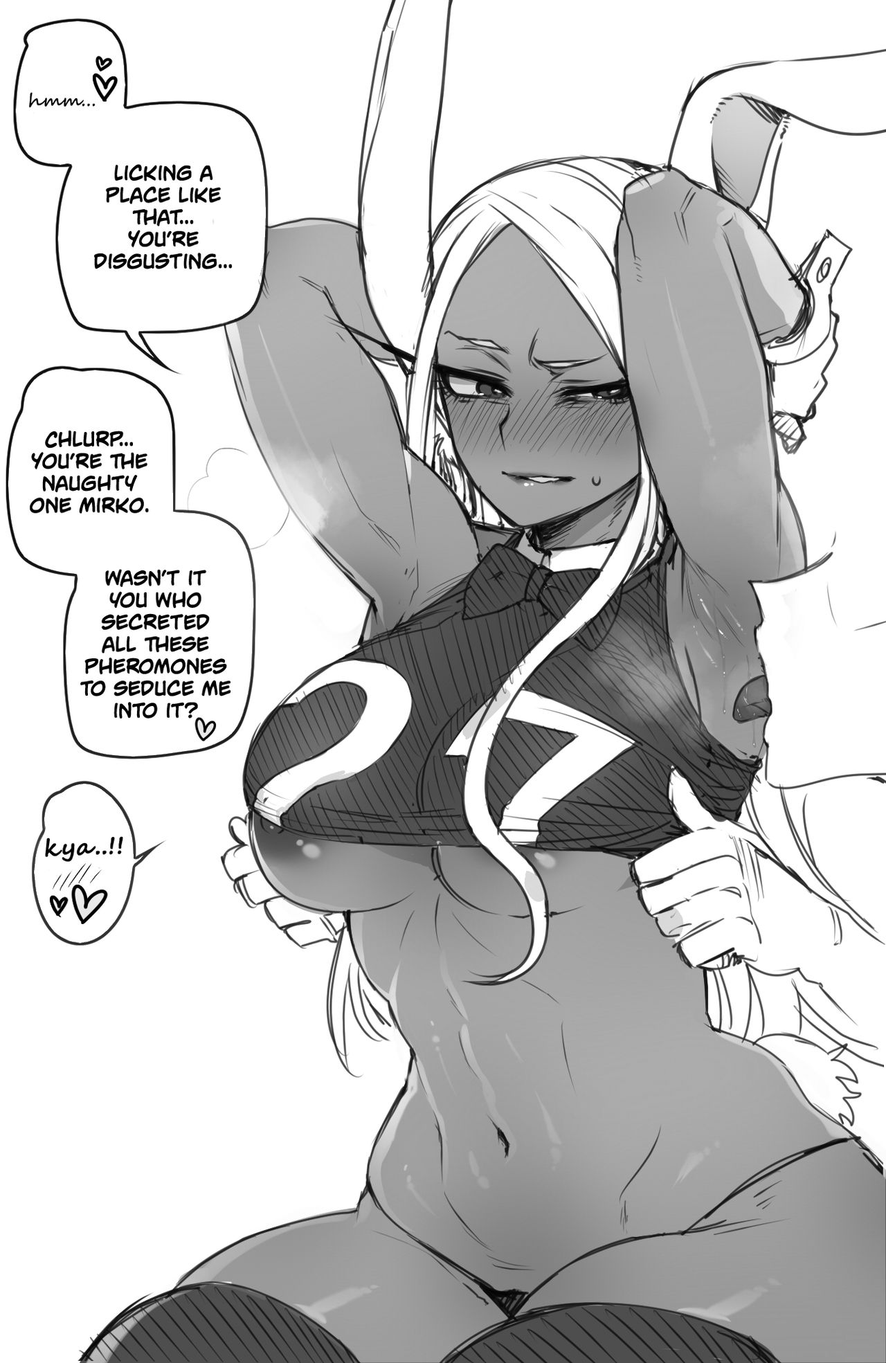 1boy, 1girls, animal ears, areola slip, armpit fetish, armpit licking, armpits, arms behind head, breasts, bunny ears, clothed, clothing, dialogue, english text, female, licking, male, miruko, monochrome, my hero academia, ratatatat74, rumi usagiyama, shirt lift, underboob