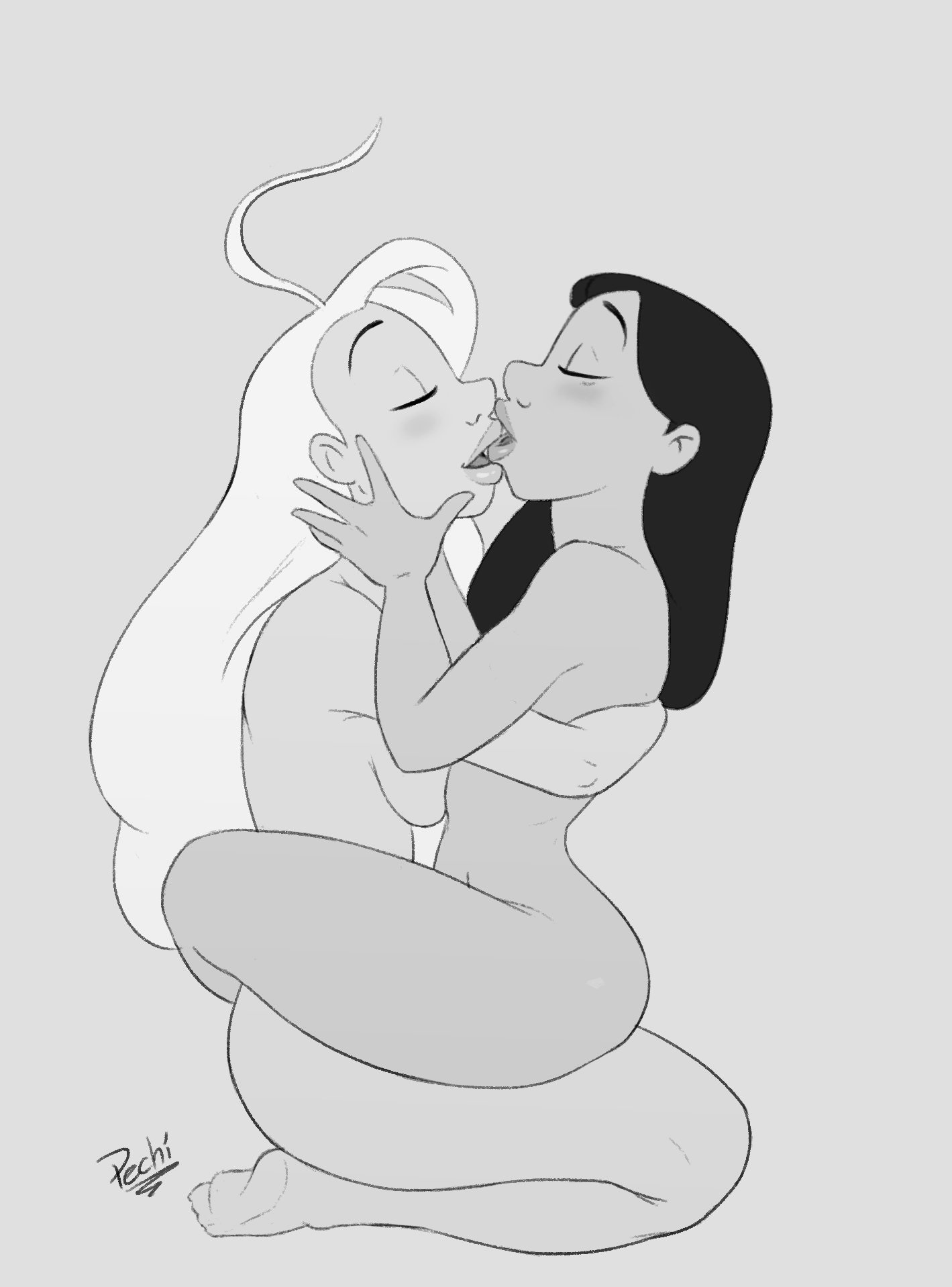 2girls, black and white, blush, closed eyes, disney, embrace, female, female only, greyscale, hand on another's face, kissing, leg lock, lifeguard (lilo and stitch), lilo and stitch, long hair, monochrome, nani pelekai, nude, open mouth, pechi, plain background, romantic, romantic couple, sitting on lap, straight hair, yuri