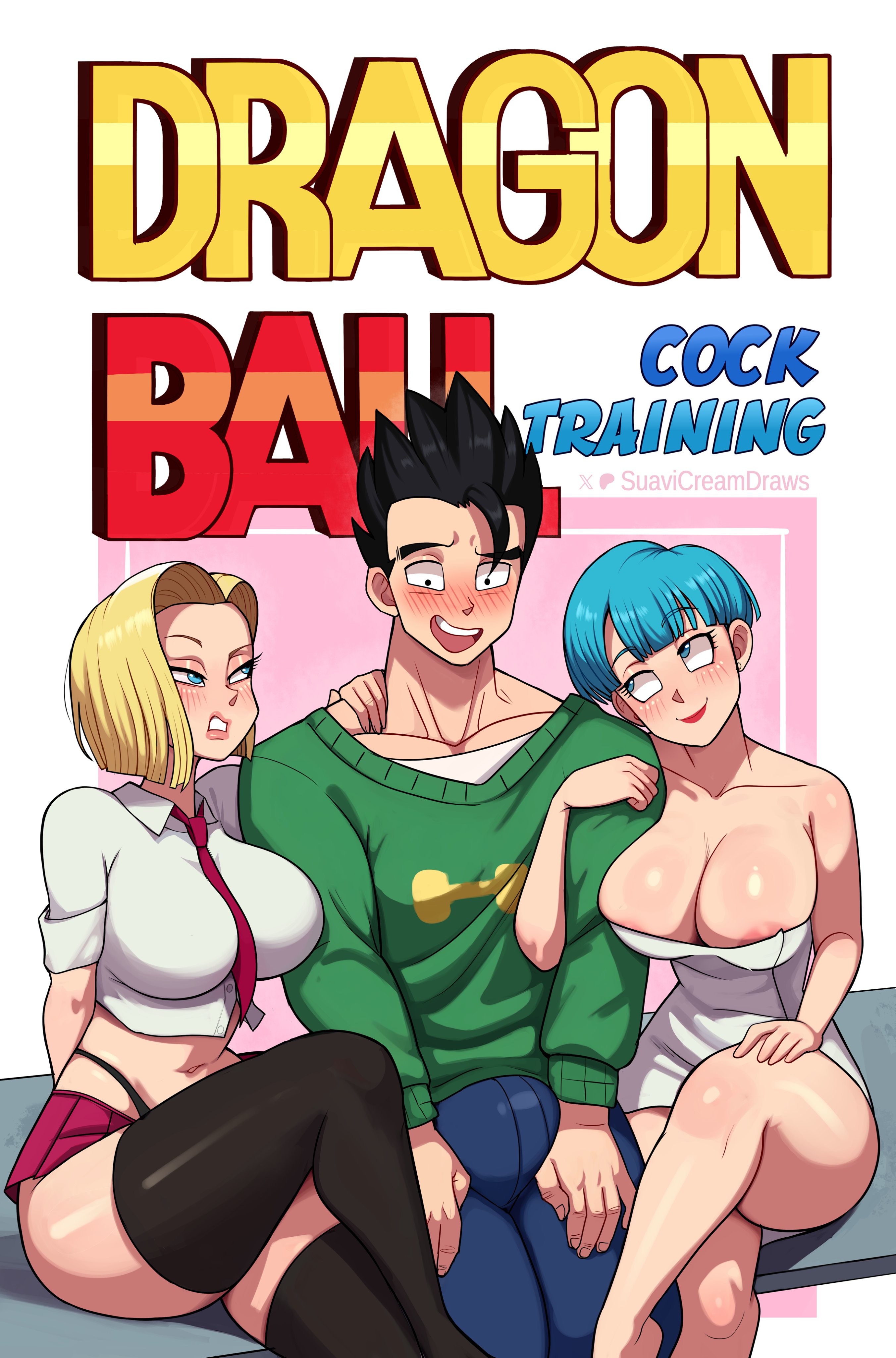 1boy, 2girls, age difference, android 18, breasts, bulma briefs, dragon ball, dragon ball z, female, large breasts, light skin, light-skinned female, male, mature female, son gohan, suavicreamdraws, thick thighs, thighs, wide hips