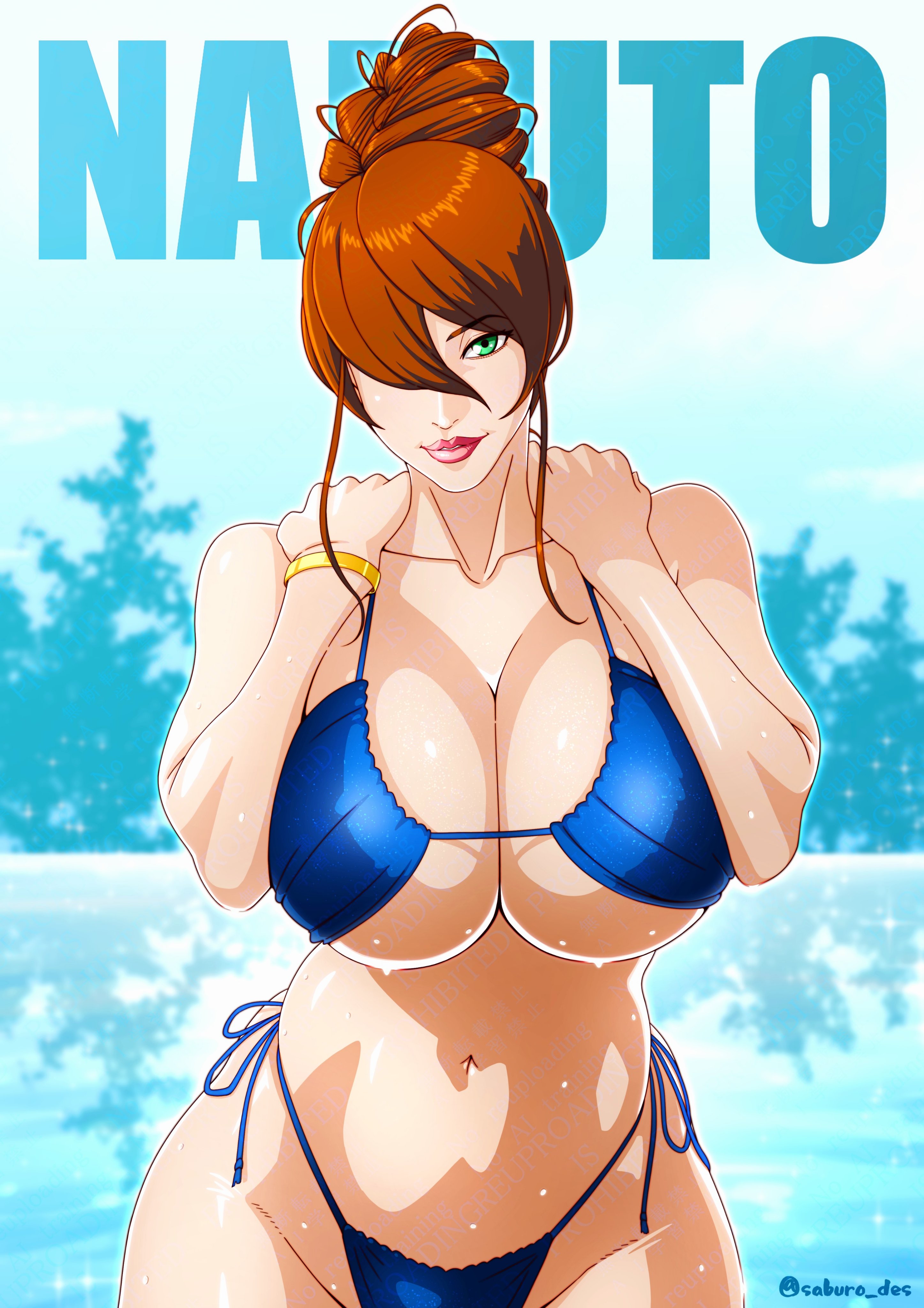 1girls, absurdres, armwear, artist name, big breasts, bikini, bikini bottom, bikini top, blue bikini, bottomwear, bracelet, breasts, breasts squeezed together, brown hair, cleavage, collarbone, commentary, curvy, day, english commentary, english text, eyelashes, female, female only, green eyes, groin, hair over one eye, hair up, hands on own shoulders, hands on shoulders, handsfree breast squeeze, high resolution, highleg, highleg bikini, highres, hips, huge breasts, lips, lipstick, looking at viewer, makeup, mature, mature female, mei terumi, milf, naruto, naruto (series), naruto shippuuden, navel, one eye covered, outdoors, parted lips, pink lips, reflection, saburo des, side-tie bikini bottom, skindentation, solo, solo female, swimsuit, swimwear, terumi mei, thick lips, thighs, tied hair, topwear, trembling, underboob, upper body, water, watermark, wet