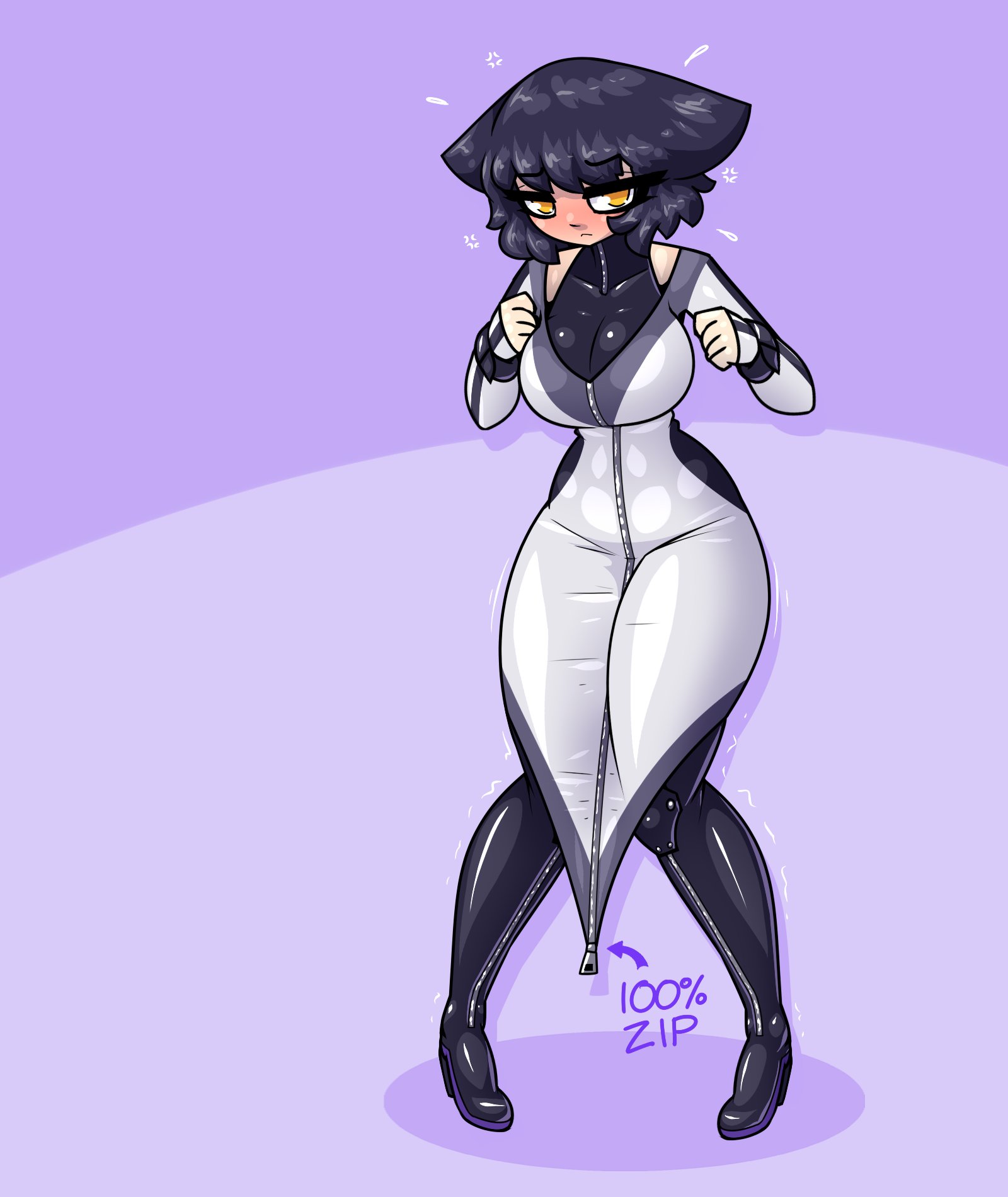 1girls, angry, animal ears, big breasts, blake belladonna, blush, boots, breasts, cat ears, cat girl, catgirl, cleavage, clothed, clothing, dress, faunus, female, female only, front view, fully clothed, kemonomimi, knees together feet apart, large breasts, limebreaker, rwby, solo, stuck, text, thick thighs, wide hips