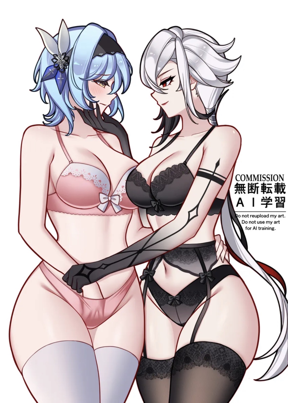 2girls, about to have sex, arlecchino (genshin impact), big breasts, black lingerie, blue hair, bra, busty, busty female, charlie purrito, cleavage, crack pairing, curvy, curvy female, eula (genshin impact), eye contact, female, female only, female/female, genshin impact, hand in panties, hand on another's face, lesbians, lingerie, lingerie bra, lingerie panties, panties, pink lingerie, short hair, thick thighs, underwear only, white hair, wide hips, yuri
