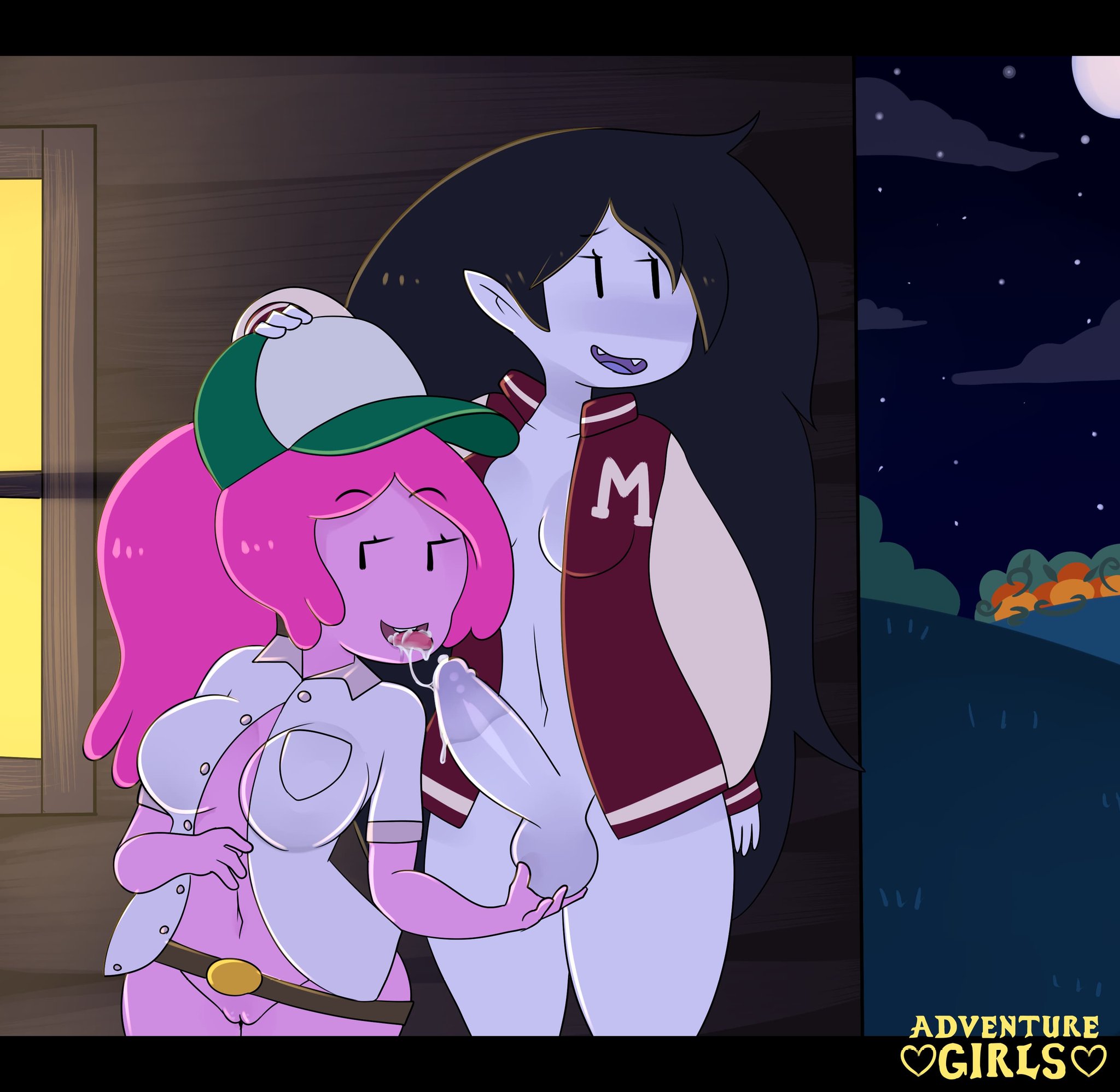 | |, 1futa, 1girls, adventure girls, adventure time, balls, belt, black hair, bottomless, cartoon network, cleavage, cum, cum in mouth, fangs, female, fondling balls, futa on female, futanari, grey skin, headwear, intersex, manual, marceline, mob face, navel, outerwear, pink hair, pink skin, princess bubblegum, public, pussy, shirt, somescrub, vagina, vampire, varsity jacket