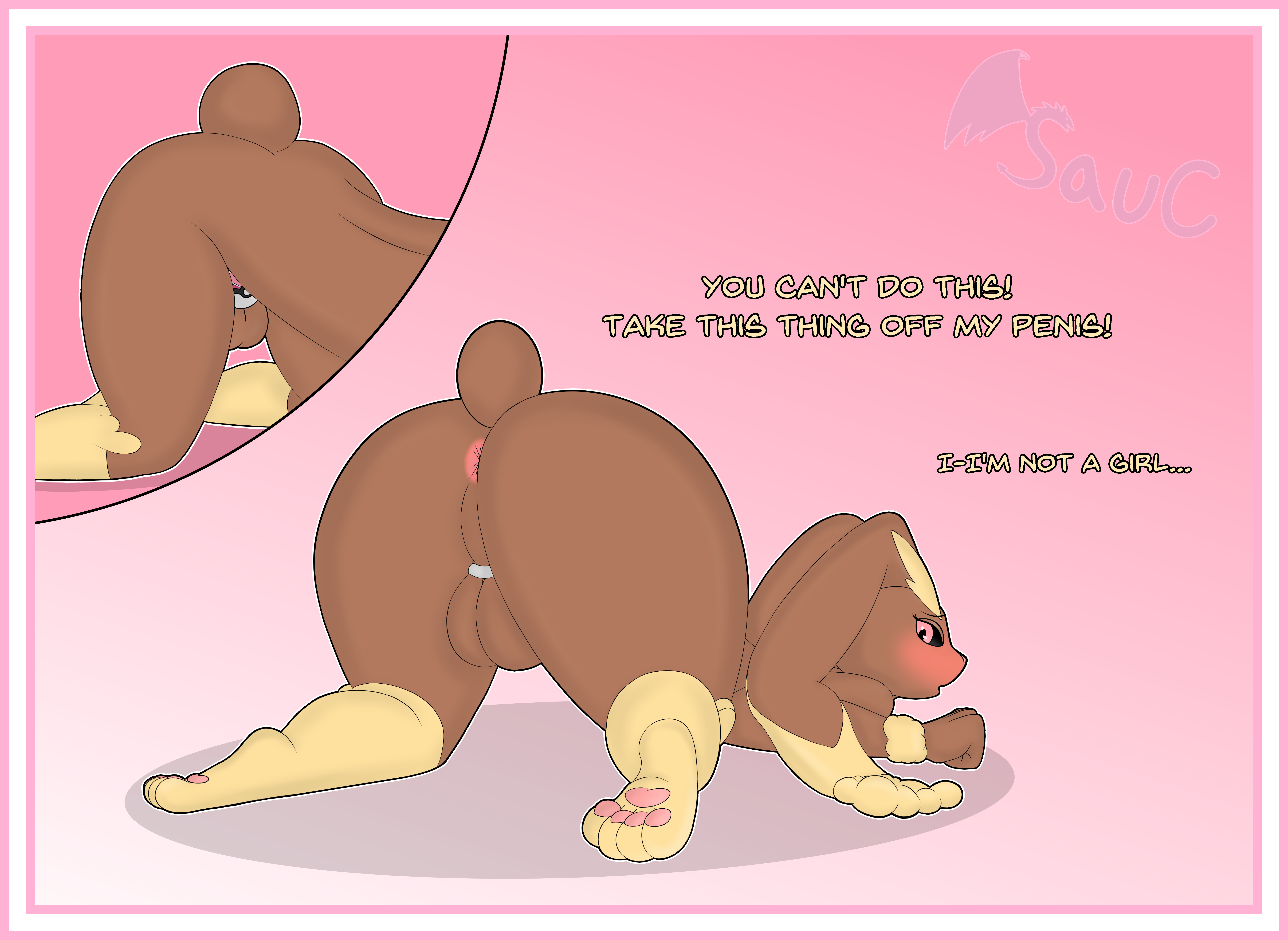 absurd res, all fours, anthro, anus, ass up, backsack, balls, begging, big butt, big ears, black sclera, blush, border, butt, chastity cage, chastity cage only, chastity device, chastity device only, cotton tail, dialogue, embarrassed, english text, feminization, forced feminization, gender play, generation 4 pokemon, genital focus, genitals, hi res, lockball, looking back, lopunny, love ball, male, male lopunny, nintendo, nude, onesaucydragon, pawpads, perineum, pink background, pink border, pink chastity cage, pink pawpads, pokeball, pokeball chastity cage, pokemon, pokemon (species), rear view, simple background, solo, text, wearing chastity cage, wearing chastity device