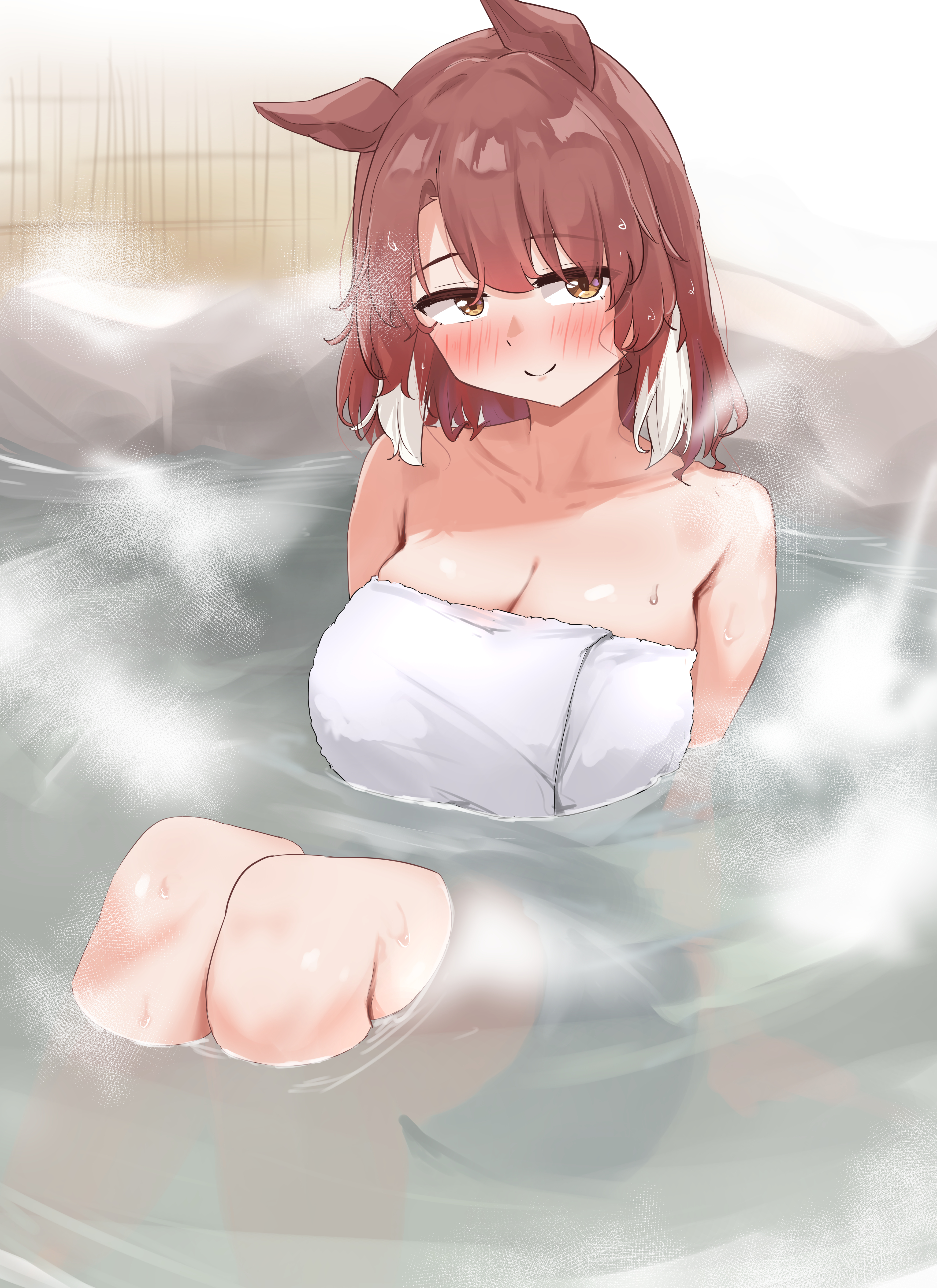 1girls, big breasts, blush, breasts, brown eyes, brown hair, dantsu flame (umamusume), female, female only, horse ears, horse girl, horse tail, hot spring, multicolored hair, short hair, solo, solo female, steam, towel, umamusume, umamusume pretty derby, water, wet, wet body