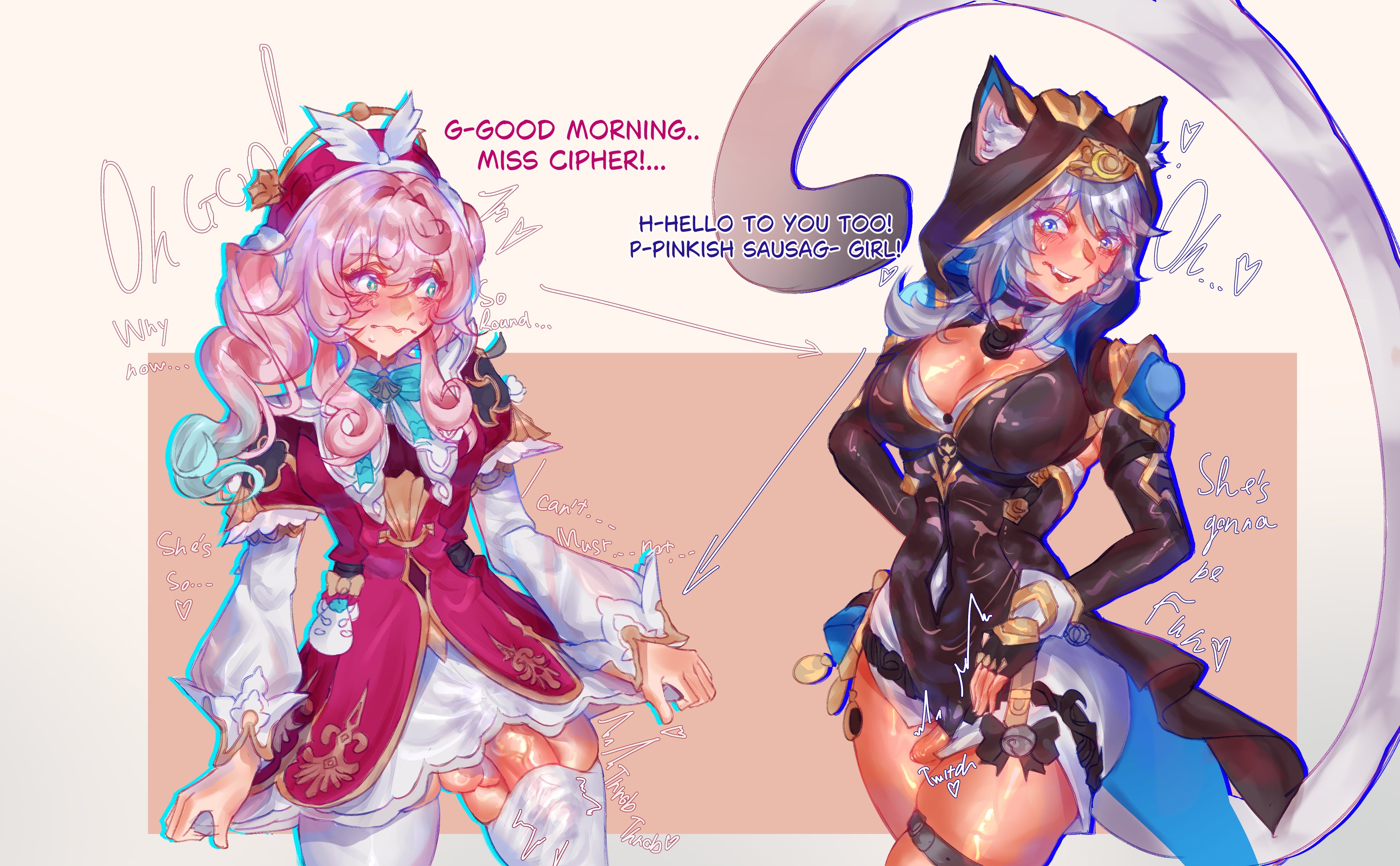 2futas, animal ears, artist request, big penis, blue eyes, blush, breasts, cipher (honkai: star rail), clothing, comparing penis, english text, feet out of frame, futa only, futanari, hat, honkai (series), honkai: star rail, hood, hyacine (honkai: star rail), large penis, long hair, looking at another, nervous, nervous sweat, penis, penis size difference, penis tuck, pink hair, small penis, sweat, sweatdrop, text, thighhighs, twintails