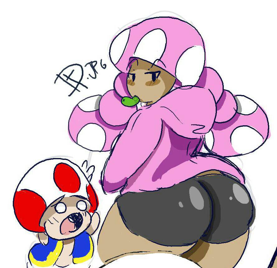 1boy, 1girls, ass, clothed, clothing, dark skin, dumplis (artist), female, female focus, hips, hoodie, jacket, looking back, male, mario (series), mob face, mushroom humanoid, nintendo, pink hoodie, pink jacket, shorts, simple background, standing, thick thighs, toad (mario), toadette, vest, white background