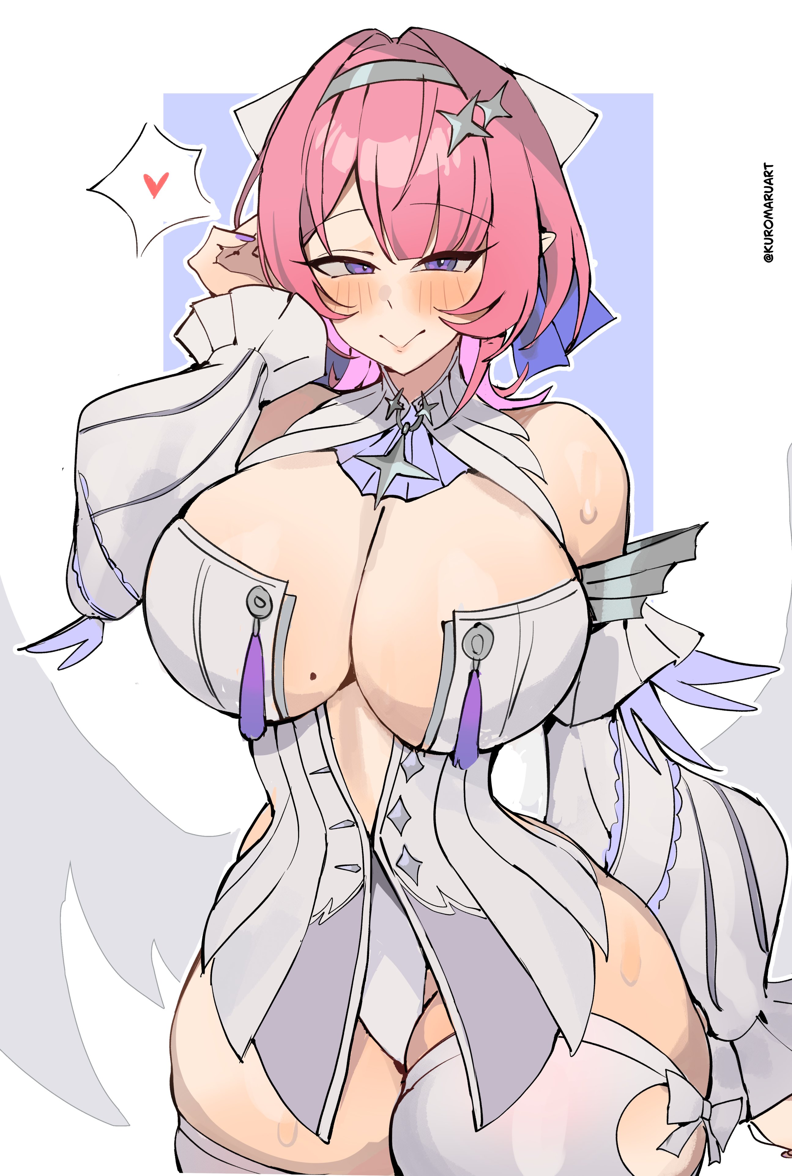 1girls, big breasts, breasts, colored nails, female, female focus, female only, kuromaruart, large breasts, light skin, light-skinned female, long nails, looking at viewer, mole, mole on breast, painted nails, purple nails, remielle dan, solo, thick thighs, thighhighs, thighs, wide hips, wings, zenless zone zero