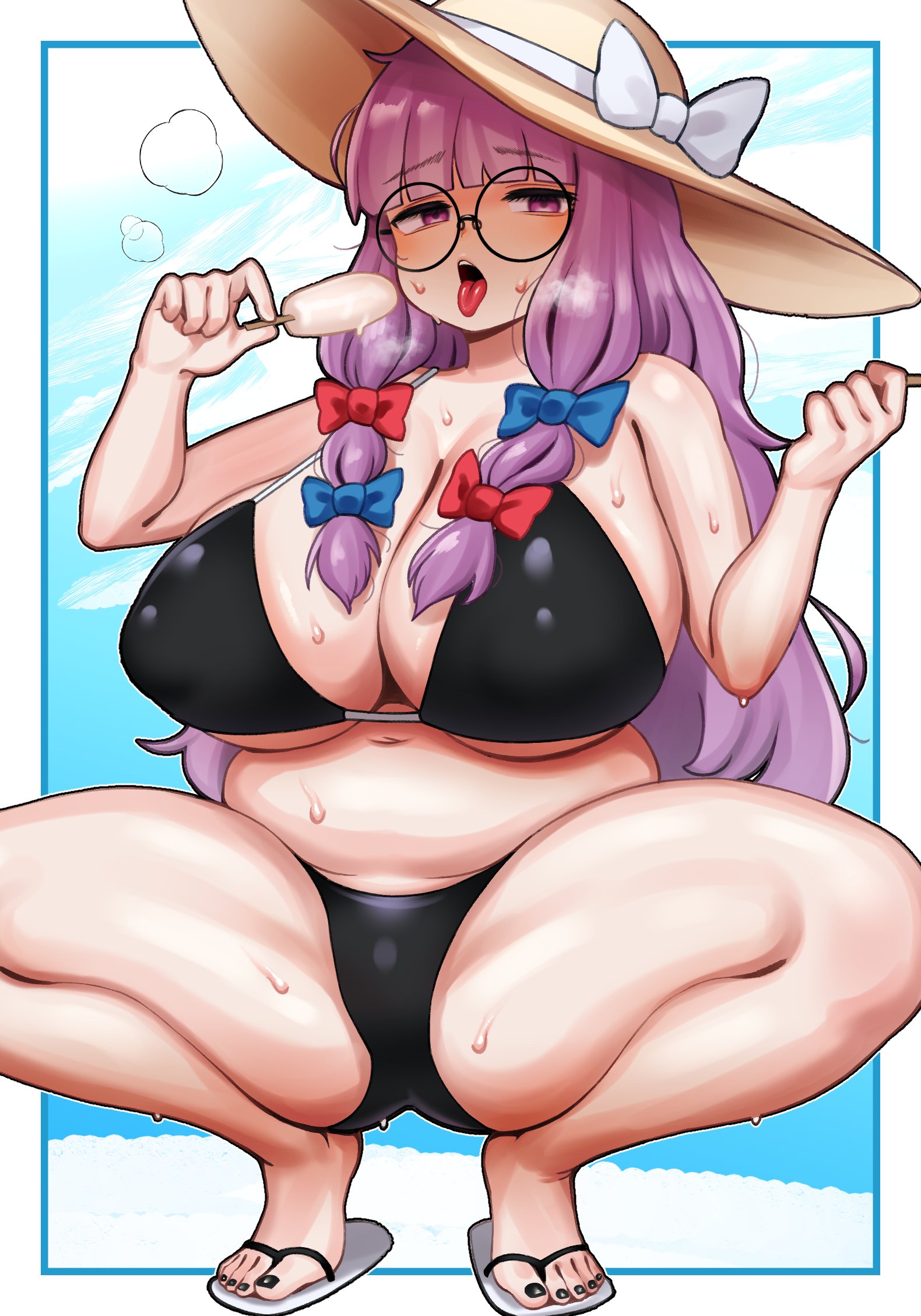 2026, artist request, belly, big breasts, bikini, black bikini, breasts, chubby, female, female only, flip flops, glasses, hair ribbon, hat, huge breasts, legs, legs apart, long hair, open mouth, patchouli knowledge, plump, popsicle, purple hair, ribbon, round glasses, solo, squatting, sun hat, sweat, sweating, sweaty, swimsuit, thick, thick thighs, thighs, tongue, tongue out, touhou