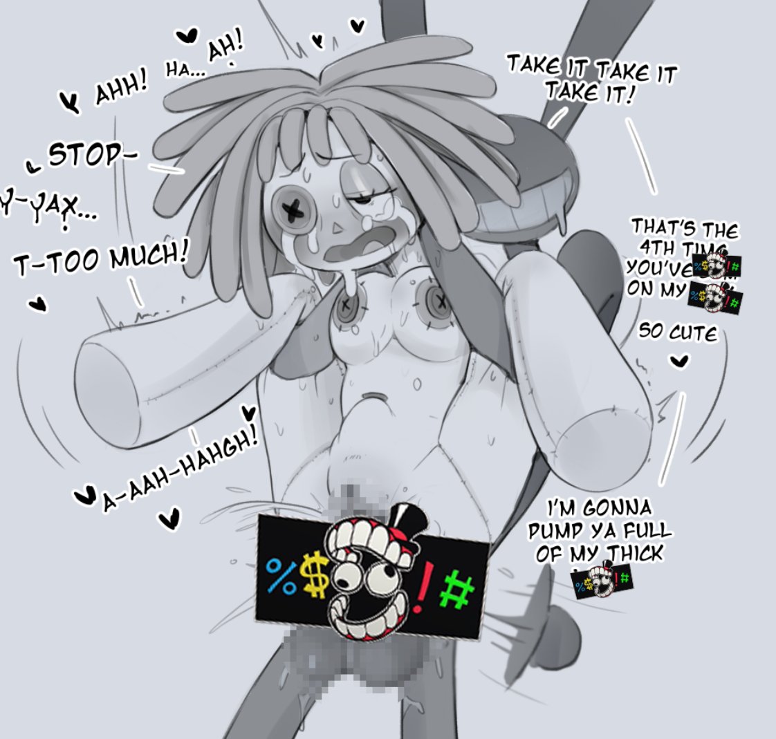 1boy, 1girls, 2026, button belly button, button eye, button nipples, caine censorship, dialogue, doll girl, dubious consent, full nelson, full nelson (legs held), funkiepoop, glitch productions, gooseworx, jax, jax (tadc), jax (the amazing digital circus), lifted by legs, monochrome, penetration, penetration from behind, rabbit boy, ragatha, ragatha (tadc), ragatha (the amazing digital circus), ragdoll, rough sex, stomach bulge, straight, tagme, tearing up, the amazing digital circus, triangle nose