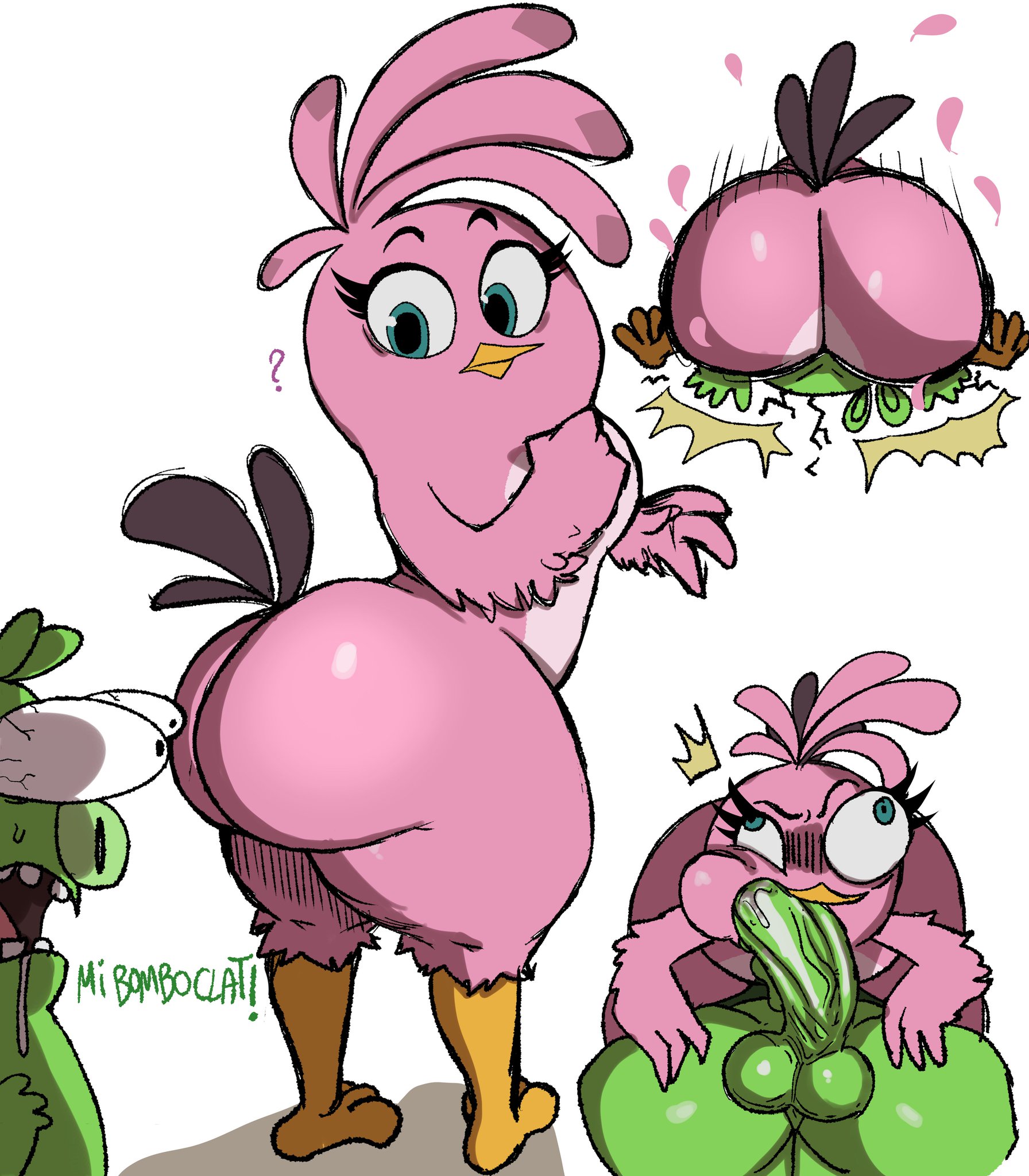 1boy, 1boy1girl, 1girls, 2026, absurdres, angry birds, ass in face, avian, beak, beakjob, big ass, big balls, big penis, bird, bird legs, bird tail, blowjob, blue eyes, brown feathers, feather hair, feathers, green body, green skin, in floor, penis in beak, penis in mouth, pig, pig (angry birds), pig ears, pink body, pink feathers, pink skin, rovio, rovio animation, rovio entertainment, sega, sony pictures animation, stella (angry birds), the angry birds movie, theodyss, white background