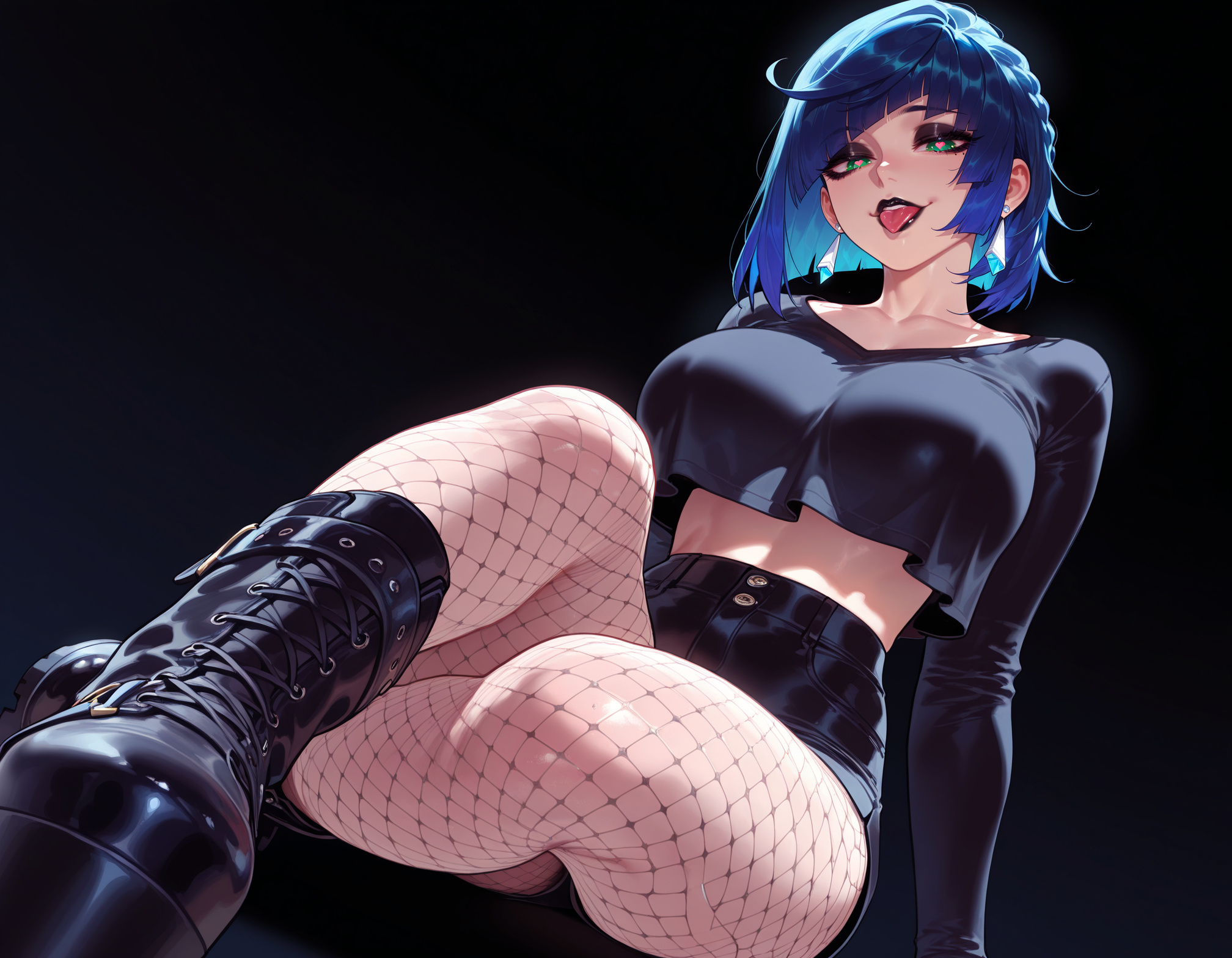 1girl, 1girls, ai generated, alternate costume, balecxi, bangs, black background, black footwear, black shirt, black shorts, blue hair, bob cut, boots, braid, breasts, clothing, collarbone, crop top, cropped shirt, crossed legs, curvaceous, curvaceous female, curvaceous figure, curvy, curvy figure, diagonal bangs, ear piercing, earrings, female, female focus, fishnet legwear, fishnet pantyhose, fishnets, footwear, genshin impact, green eyes, high-waist shorts, hoyoverse, jewelry, large breasts, legwear, long sleeves, looking at viewer, makeup, midriff, mihoyo, multicolored hair, navel, open mouth, pantyhose, piercing, platform footwear, shirt, shoes, short hair, short shorts, shorts, simple background, sitting, smile, solo, teeth, thighs, tongue, tongue out, tongue piercing, upper teeth only, voluptuous, voluptuous female, yelan (genshin impact)