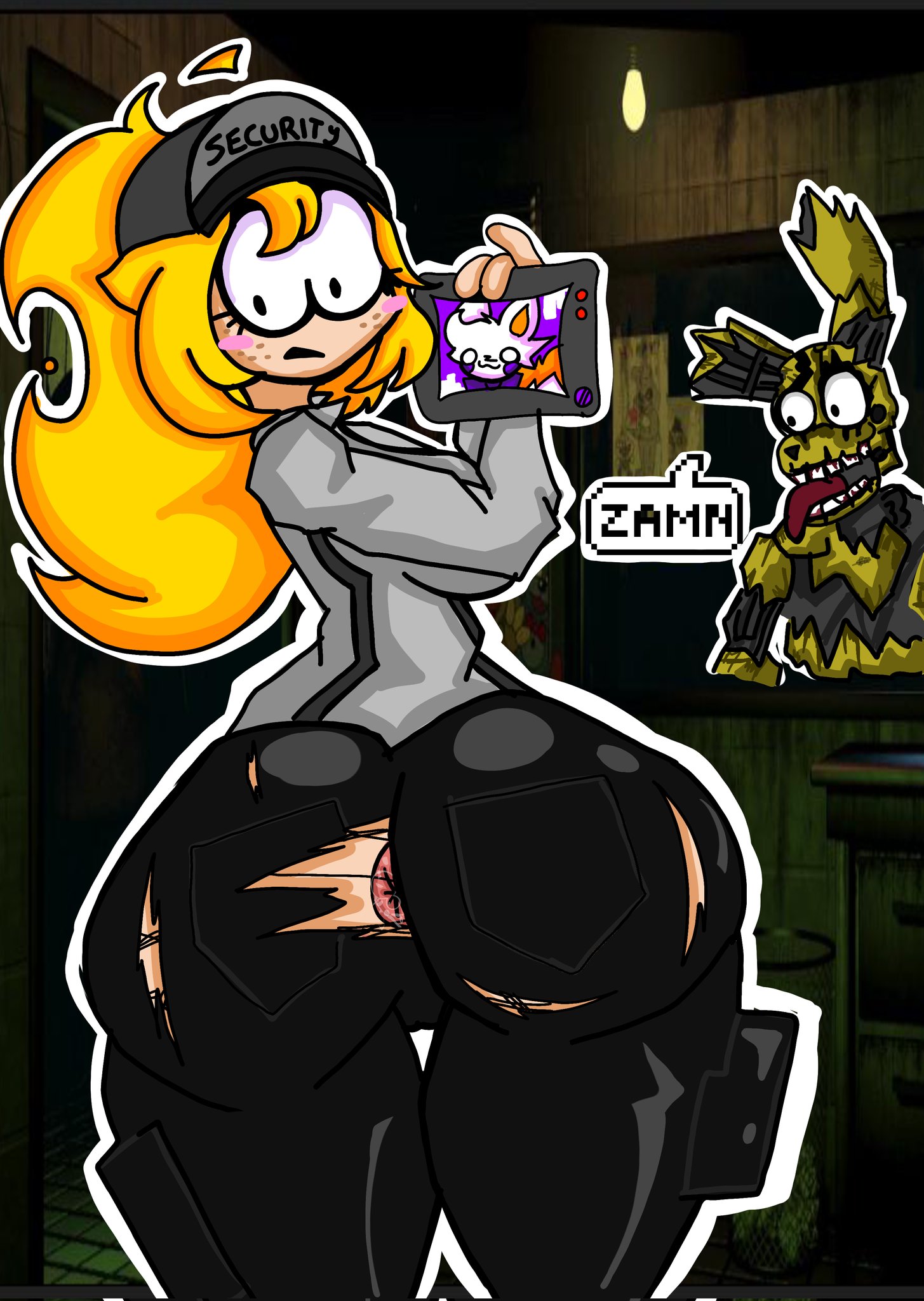 1anthro, 1girl, 1girls, animatronic, animatronic male, anus, ass focus, big ass, breasts, camera, cellphone, clothed, color, exposed anus, female, five nights at freddy's, five nights at frickbears, five nights at frickbears 3, geno naket, hi res, human, lolbit (fnaf), lolbit (frickbears), looking back, nervous, security guard, springtrap, springtrap (fnaf), tagme, torn jeans, vanessa (fnaf), vanessa shelley (frickbears), wasp waist, yellow hair, zombie