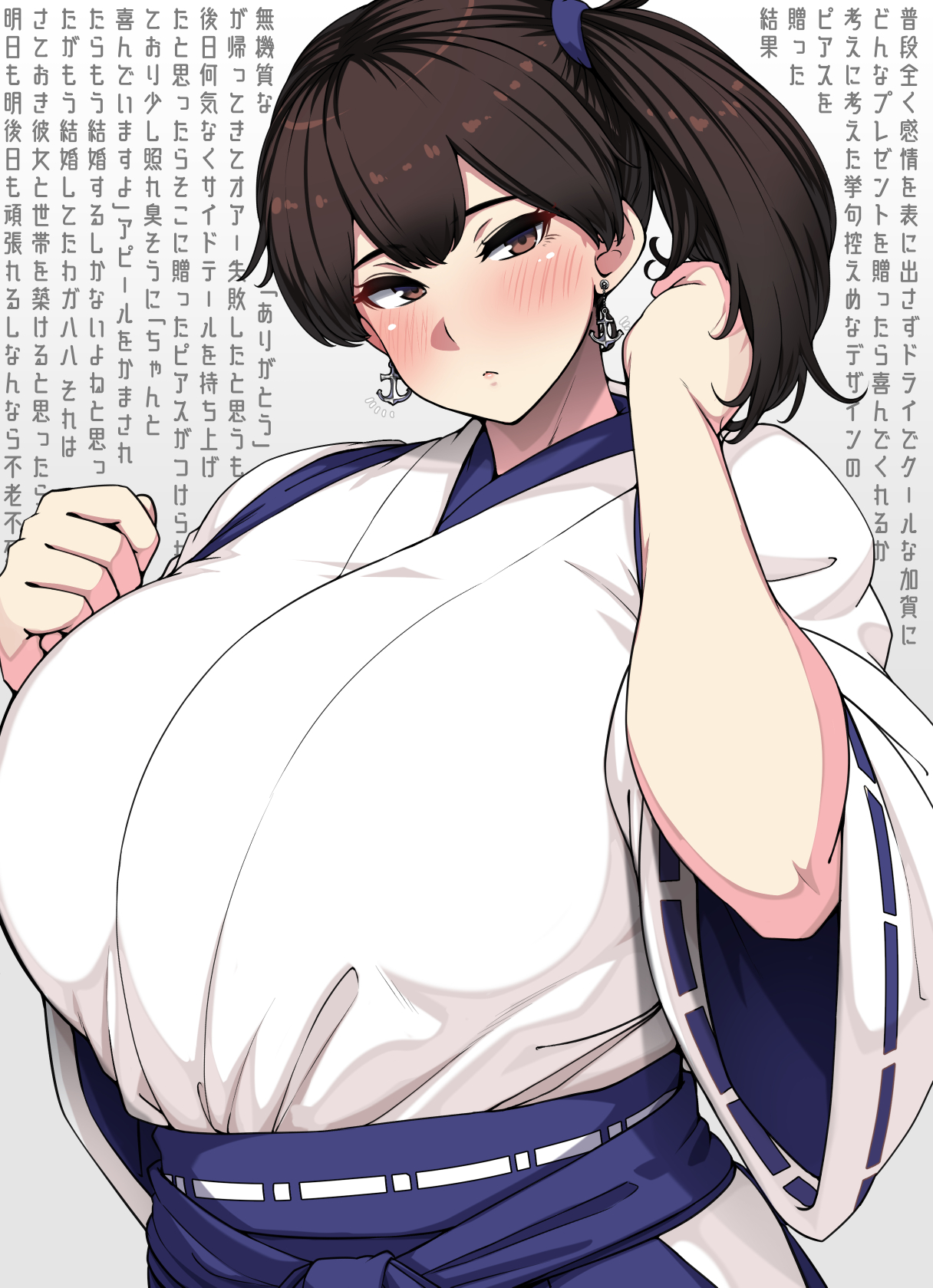 1girls, artist on twitter, blush, breasts, breasts bigger than head, brown eyes, brown hair, clothed, clothed female, clothes, dark hair, earrings, female, female only, fully clothed, hyper, hyper breasts, japanese clothes, japanese text, kaga (kantai collection), kantai collection, looking at viewer, ryuun (stiil), short hair, solo, solo female, solo focus, tied hair, top heavy, traditional clothes, twitter, twitter username