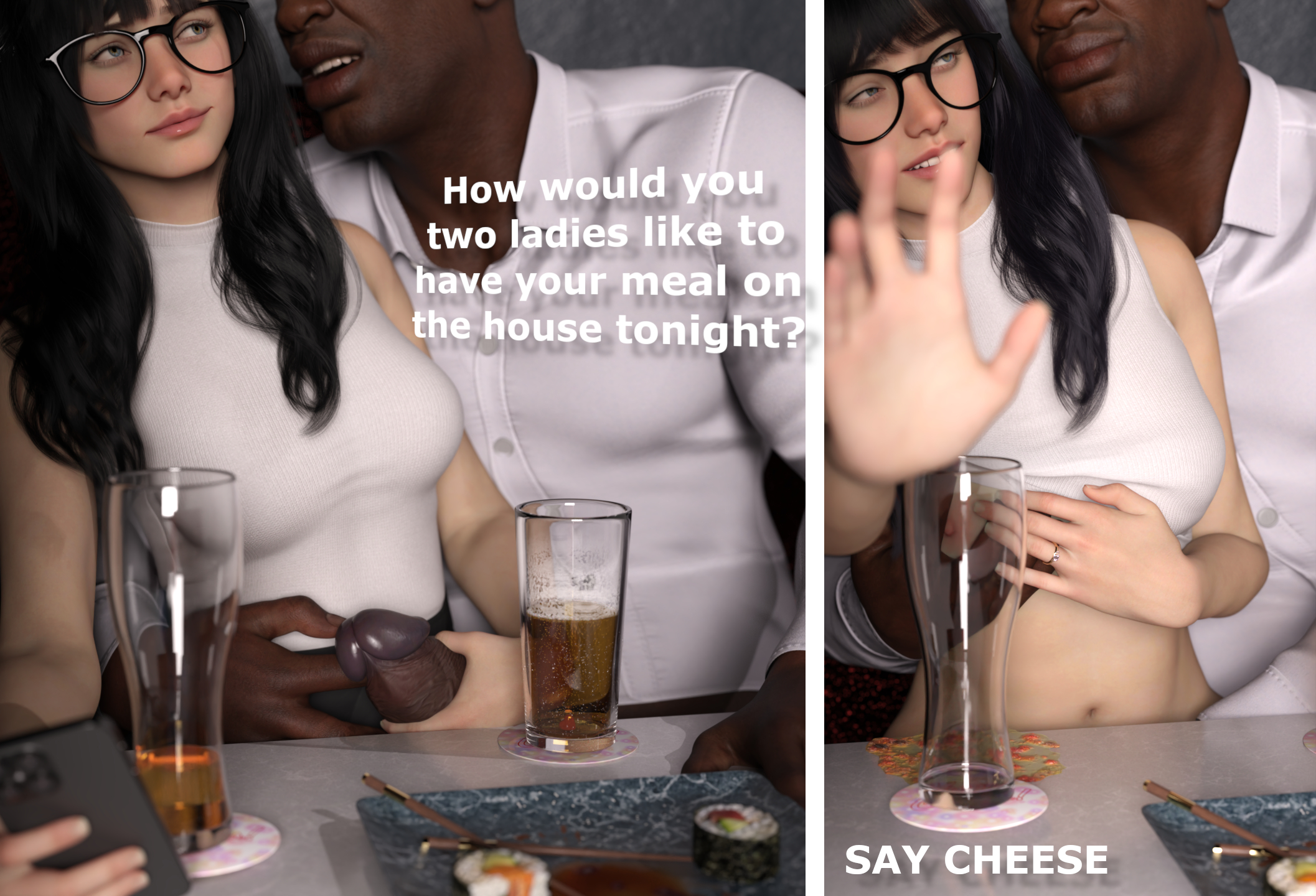 2 panel comic, alcohol, alcoholic drink, bangs, beer, breast grab, cheating, cheating wife, dark-skinned male, drinking, drunk, english text, fingering, glasses, handjob, hdr ntrgirl, hdregrets, interracial, netorare, ntr, photo, ring, shirt lift, text, two panel image, wedding ring