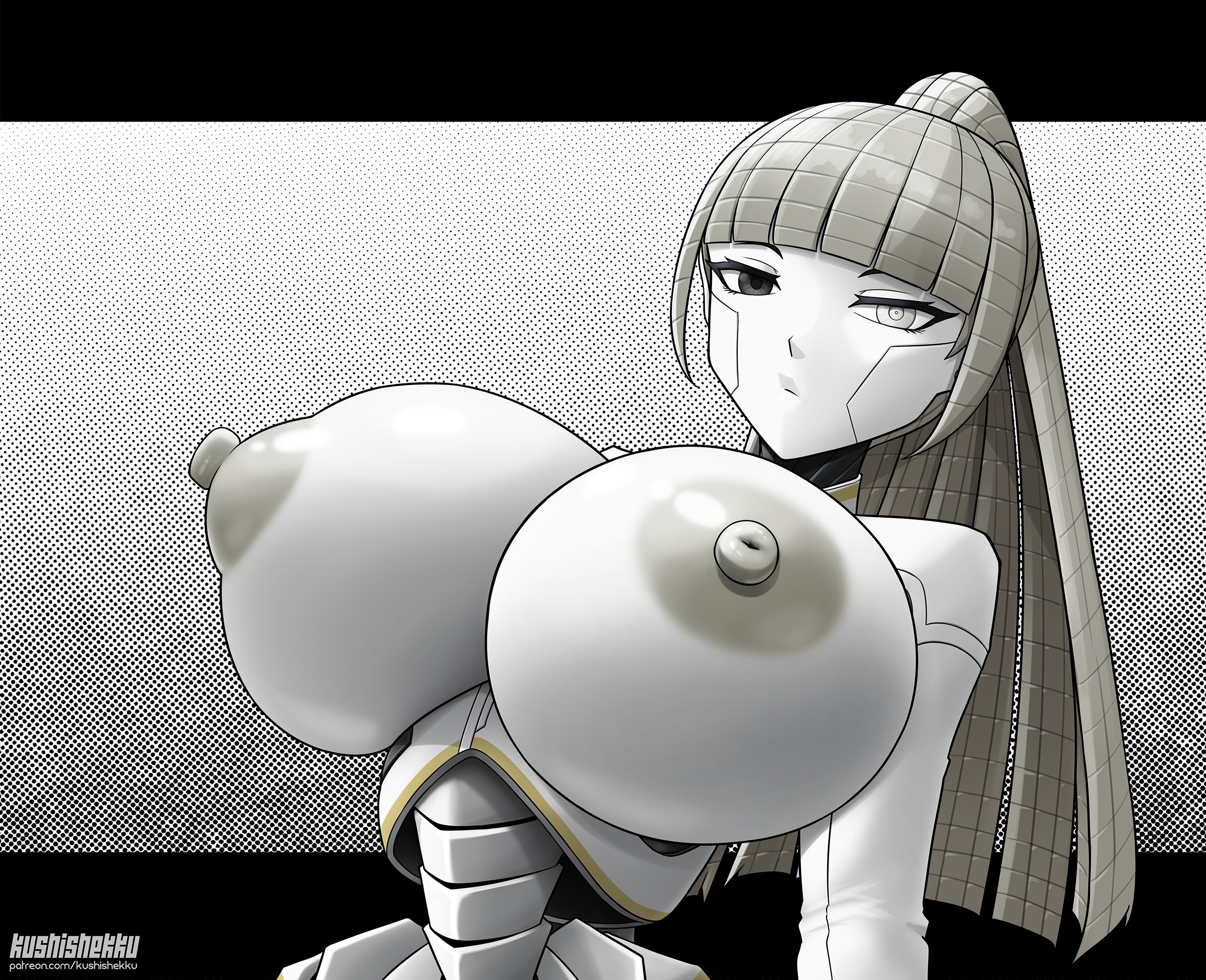1girls, albina (limbus company), big areola, big nipples, breasts, breasts bigger than head, cybernetics, cyborg, exposed breasts, female focus, huge breasts, kushishekku, limbus company, looking at viewer, pale skin, pale-skinned female, ponytail, project moon, robot girl, solo, solo female, top view