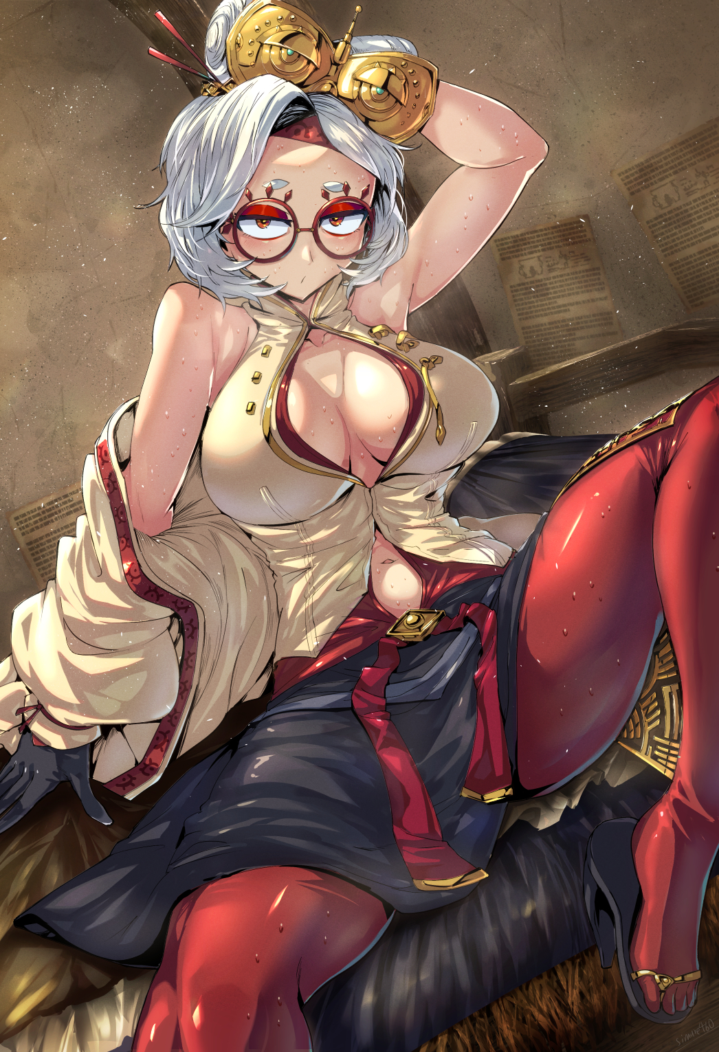 1girl, arm behind head, arm up, bare shoulders, big breasts, black gloves, black sandals, black skirt, blush, breasts, cleavage, coat, commentary request, eyeshadow, gloves, hair ornament, hair stick, headband, high heel sandals, high heels, highres, large breasts, looking at viewer, makeup, navel, nintendo, off shoulder, pantyhose, partially unbuttoned, purah, purah (tears of the kingdom), red eyes, red eyeshadow, red headband, red pantyhose, red-framed eyewear, round eyewear, sandals, sheikah, shimure (460), shirt, short eyebrows, short hair, sitting, skirt, sleeveless, sleeveless shirt, solo, spread legs, sweat, tears of the kingdom, the legend of zelda, the legend of zelda: tears of the kingdom, thick eyebrows, updo, wet, white coat, white hair, white shirt