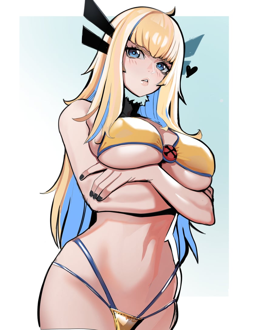 1girls, big breasts, bikini, bikini bottom, bikini top, black nails, blonde hair, blue eyes, blush, breasts, cleavage, curvy, curvy body, curvy female, curvy figure, curvy hips, female torso, hips, light skin, light-skinned female, lips, lipstick, long hair, magik (illyana rasputin), magik (marvel tokon), marvel, marvel tokon: fighting souls, mutant (marvel), posing, revealing bikini, revealing clothes, revealing swimsuit, russian female, sho-n-d, swimsuit, thick thighs, thighs, tight clothing, wide hips, yellow bikini