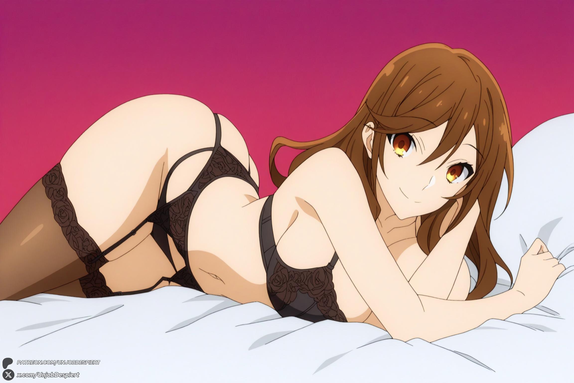 1female, 1girl, 1girls, 2026, ai generated, artist name, ass, big ass, big breasts, black bra, black panties, black thighhighs, bra, breasts, brown eyes, brown hair, cleavage, curvy, female, female only, garter belt, hair between eyes, hi res, high quality, high resolution, highres, hori kyouko, horimiya, huge ass, huge breasts, large breasts, lingerie, long hair, looking at viewer, lying, navel, on side, panties, patreon, patreon username, smile, solo, thighhighs, underwear, underwear only, unjobdespiert, watermark
