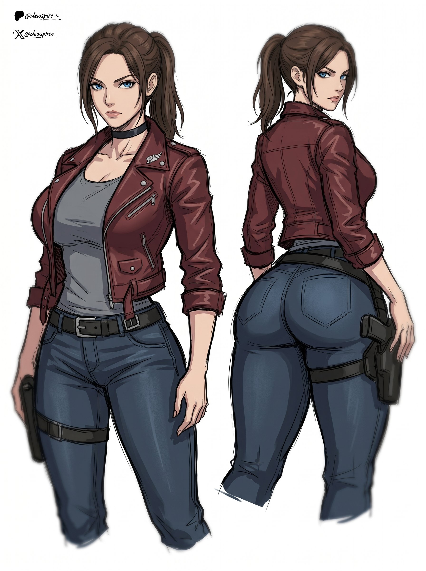 1girl, 1girls, ai generated, ass, big ass, big breasts, biohazard, blue eyes, breasts, brown hair, brown hair female, brunette, brunette female, brunette hair, brunette-haired female, capcom, choker, claire redfield, claire redfield (jordan mcewen), cleavage, clothed, clothed female, dat ass, dewspire, female, female focus, female only, female solo, human, human female, human only, human solo, jacket, jeans, large breasts, resident evil, resident evil 2, resident evil 2 remake, resident evil code veronica, simple background, standing, standing up, twitter, video game character, video game franchise, video games