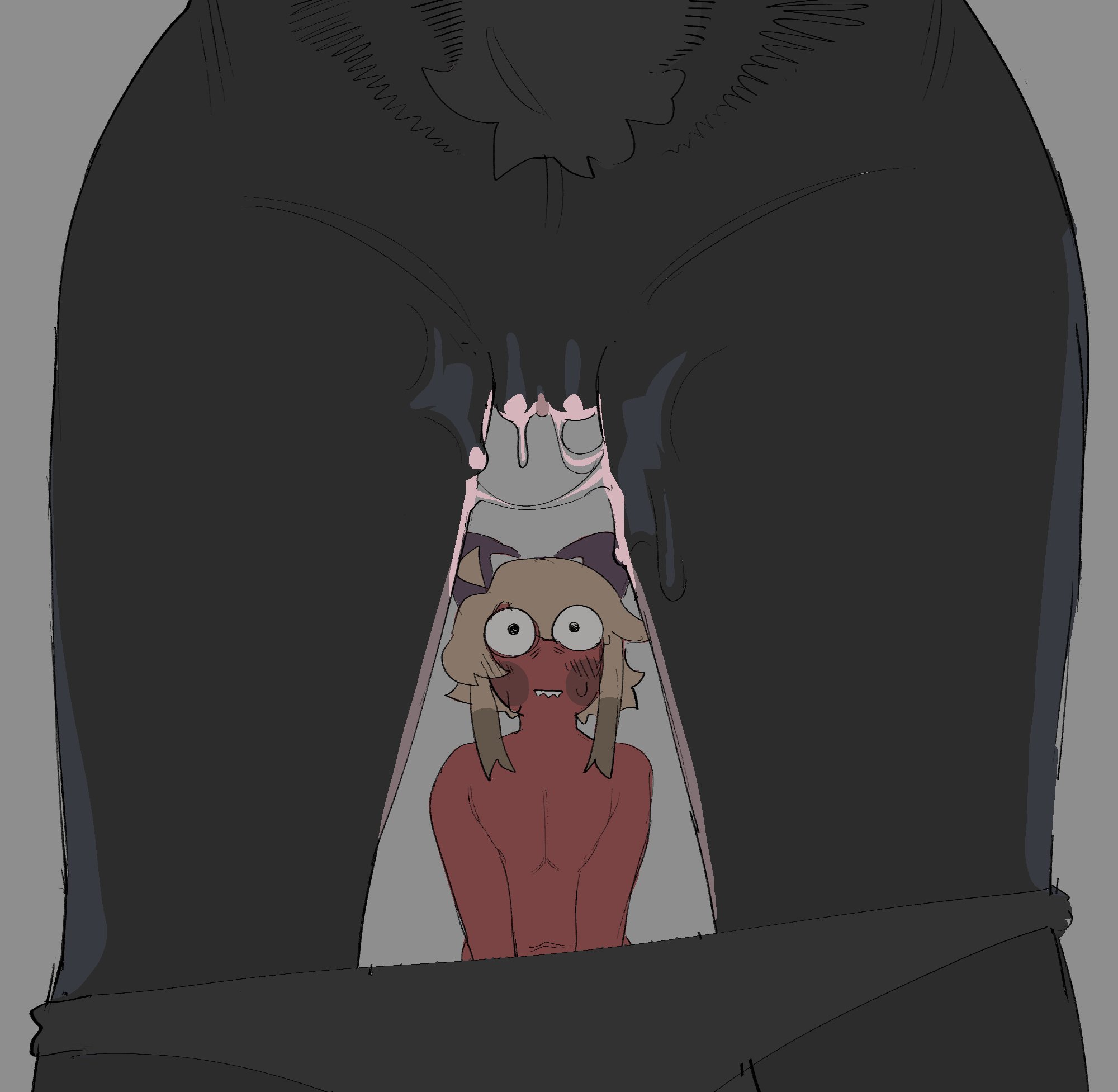 1boy, 1girl, 2026, 2d, 2d (artwork), animal humanoid, color, colored, demon, demon boy, demon horns, digital drawing (artwork), digital media (artwork), eline (theelgenerate), female, female focus, horns, humanoid, levi (theelgenerate), lower body, lower body focus, male, panties, panties down, pussy, pussy juice, pussy juice drip, red body, red skin, red skinned male, sheep girl, sheep tail, standing, staring, staring at another, sweatdrop, tail, theelgenerate, vulva