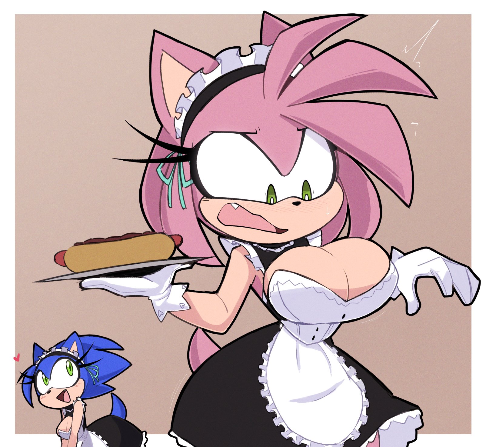2girls, amy rose, big breasts, cleavage, green eyes, large breasts, maid, maid headdress, maid uniform, mobian (species), nelljoestar, pink hair, rule 63, simple background, slim anthro, slim female, slim thick, sonic (series), sonic the hedgehog, sonic the hedgehog (series), sonique the hedgehog, thick thighs, transfem, transgender, transgender woman, wide hips