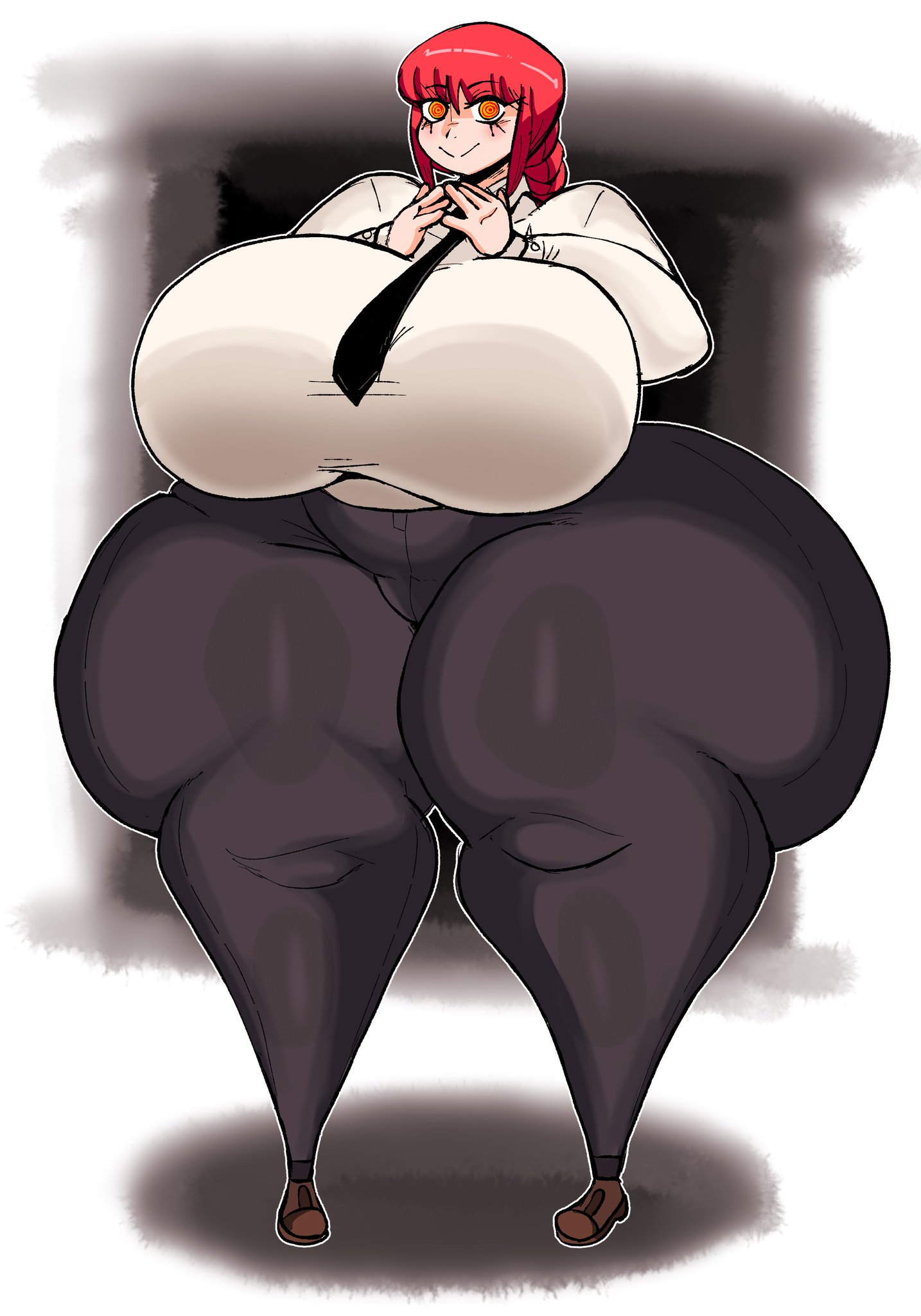 1girls, arched back, ass, ass bigger than head, ass bigger than torso, ass body, big ass, big breasts, black pants, braid, braided hair, braided ponytail, breasts, breasts bigger than head, breasts bigger than torso, bubble ass, bubble butt, chainsaw man, dork boi, female, female only, formal wear, full body, heart symbol, hips wider than shoulders, hourglass figure, huge ass, huge breasts, hyper, hyper ass, hyper breasts, hyper hourglass, jiggling ass, lewd dorky, looking at viewer, makima (chainsaw man), multicolored eyes, ponytail, red eyes, red hair, smile, solo, solo female, solo focus, thick thighs, thighs bigger than head, thighs bigger than torso, thunder thighs, tie, tight clothing, white shirt, wide hips, yellow eyes, yellow pupils